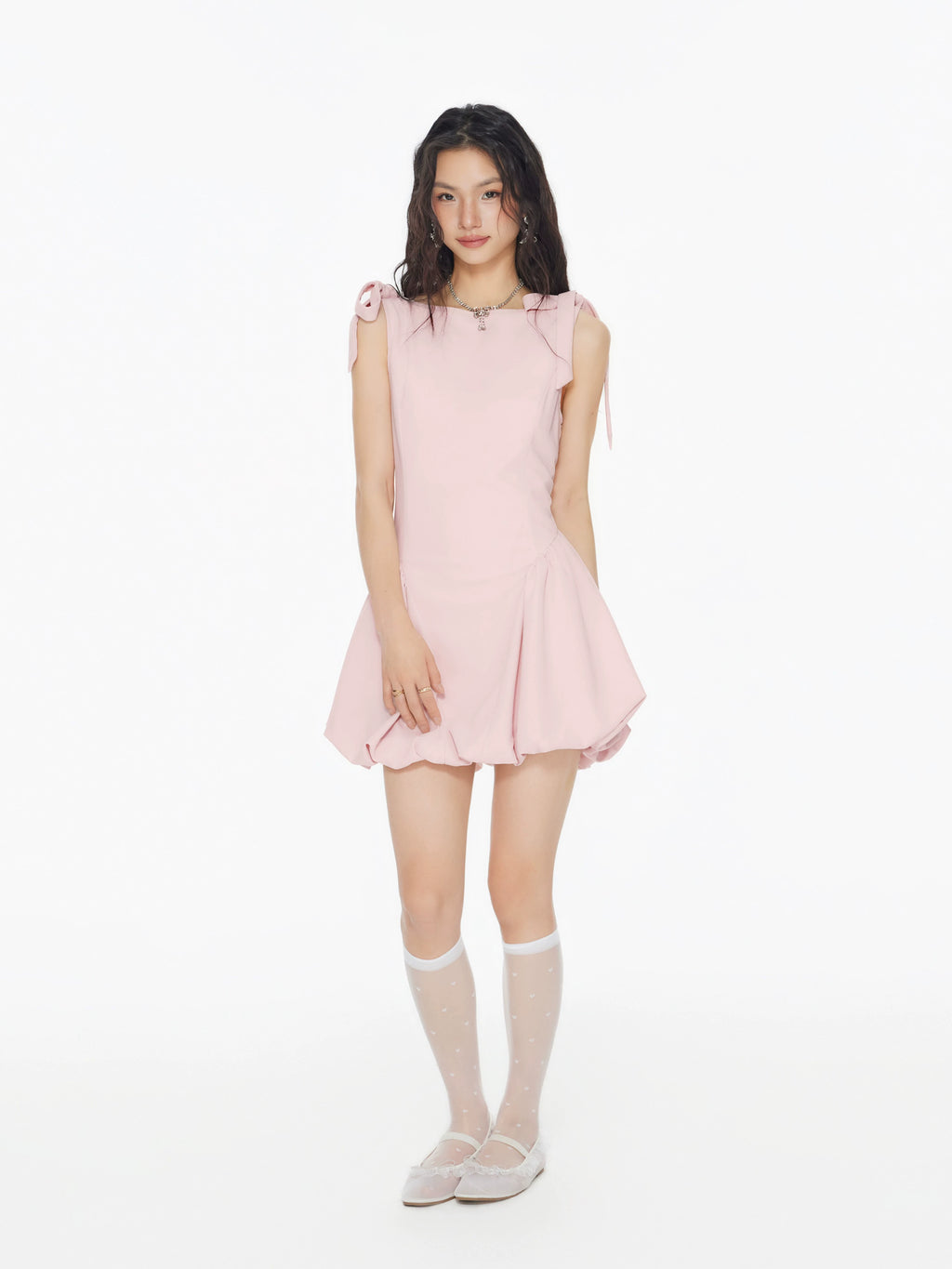 Star same genuine boat neck tie-up bow sleeveless girly dress