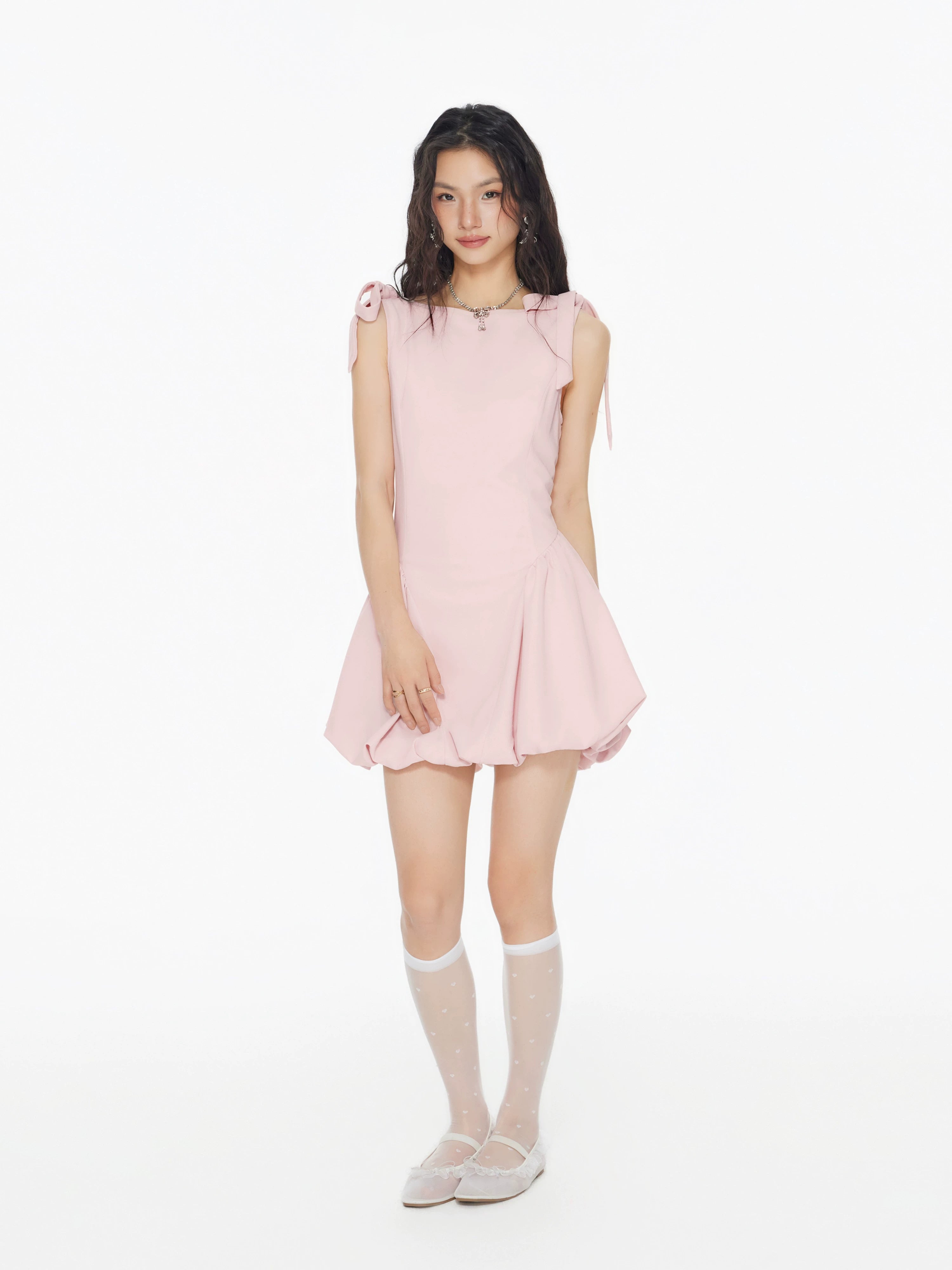 Star same genuine boat neck tie-up bow sleeveless girly dress