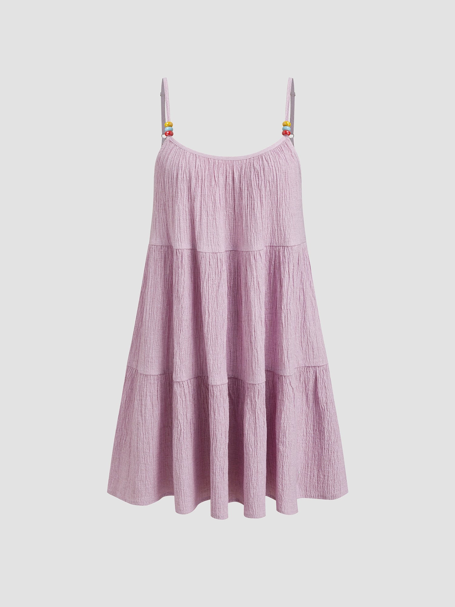 Linen-blend square neck beaded layered mini dress