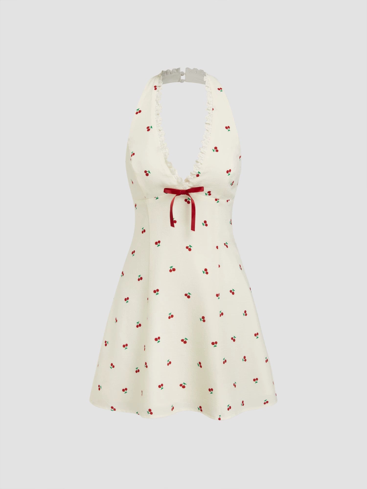 Halterneck Cherry Ruffle Bow Mini Dress
