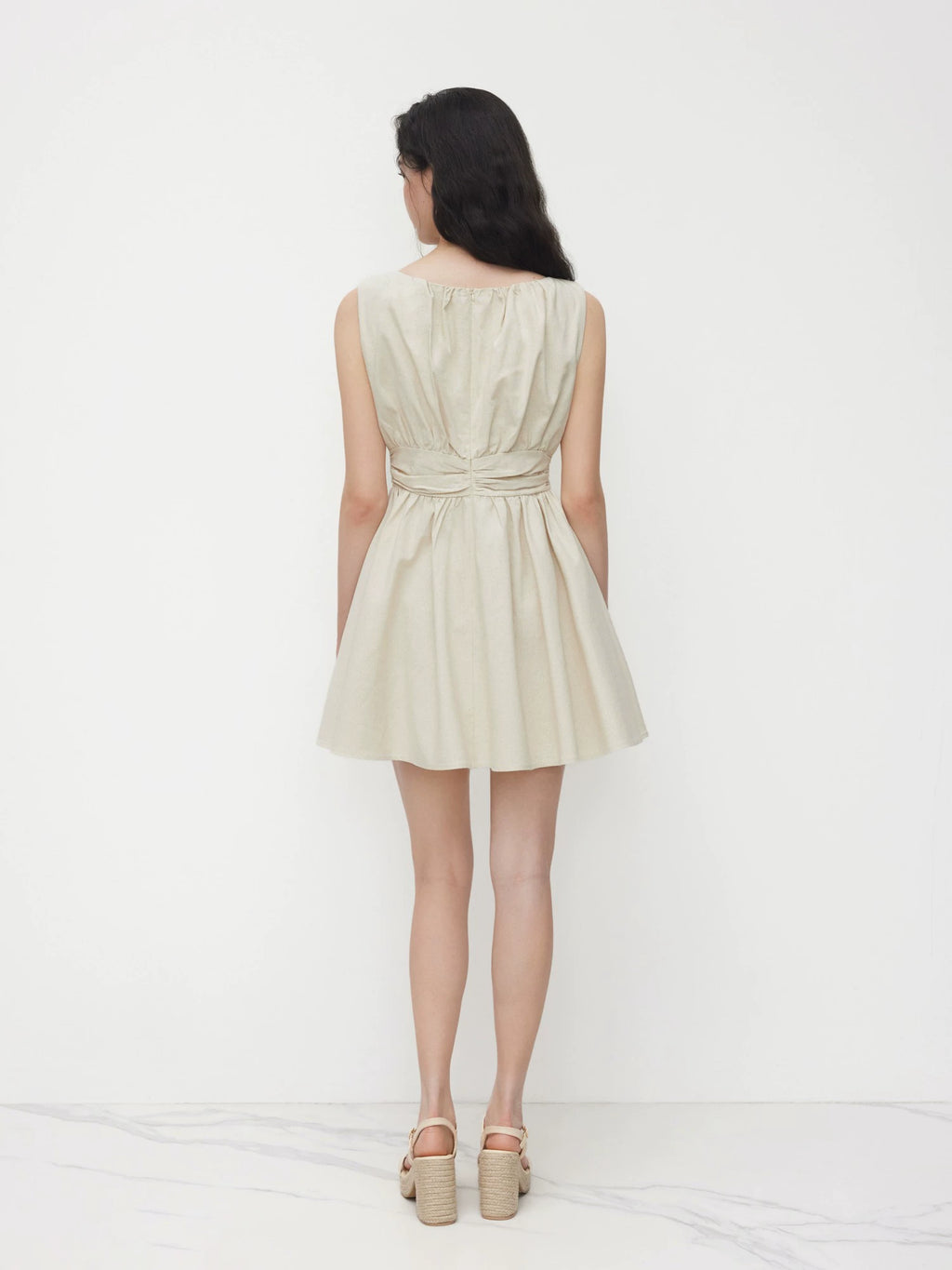Linen-blend boat neck pleated ruffled dress short