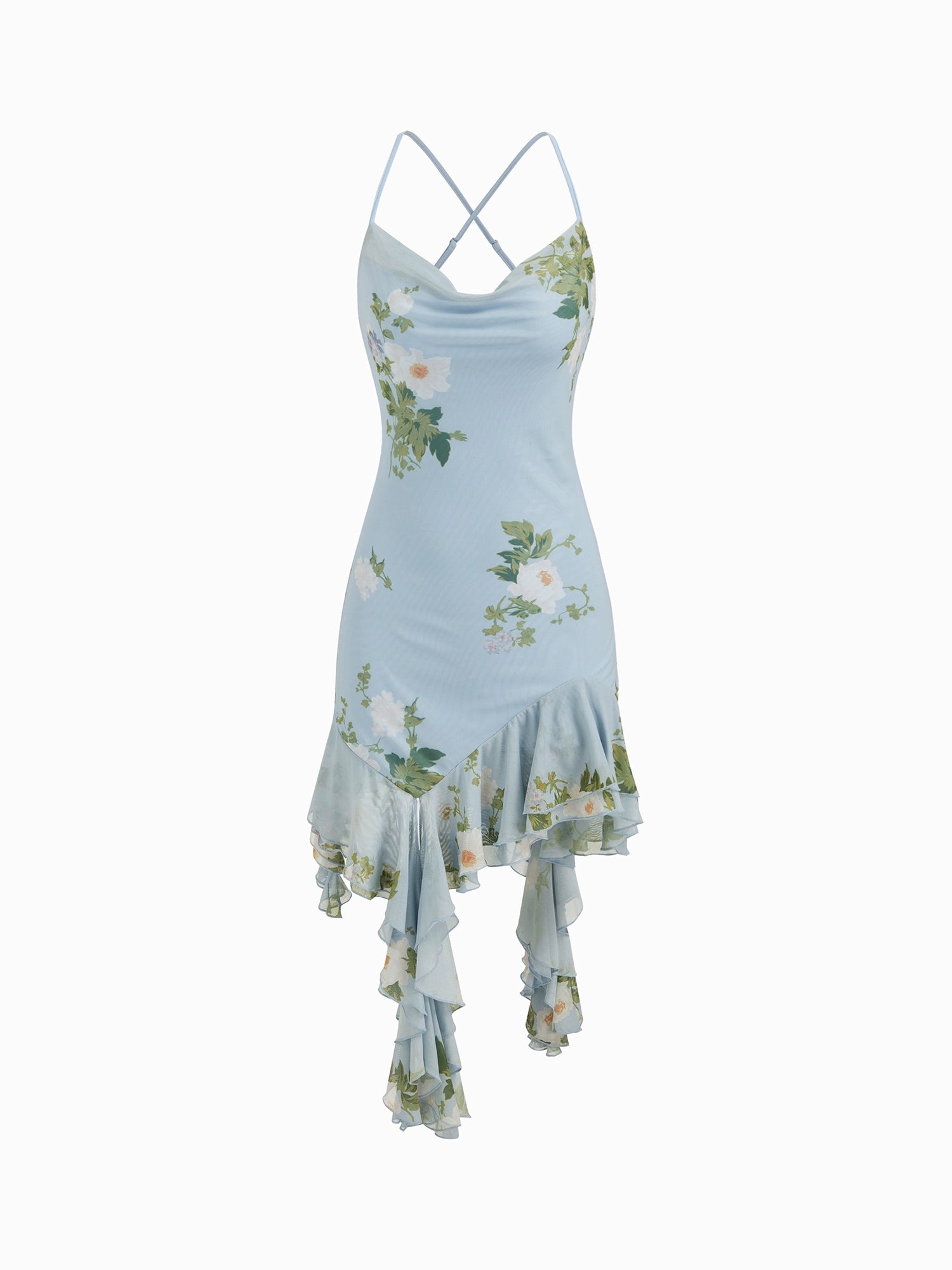 Mesh swing neck floral cross asymmetrical ruffled mini skirt