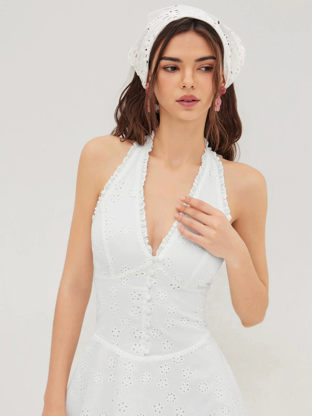 Cotton V LinkedIn Embroidered Short Sleeveless Halterneck Dress