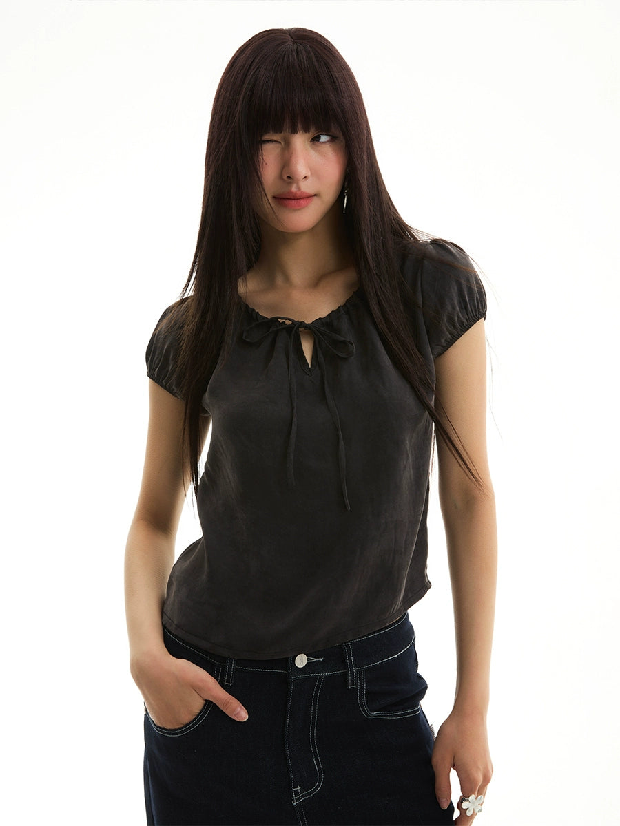 Drawstring Neckline Design Elastic Puff Sleeve Smooth Fabric Short Sleeve T-Shirt