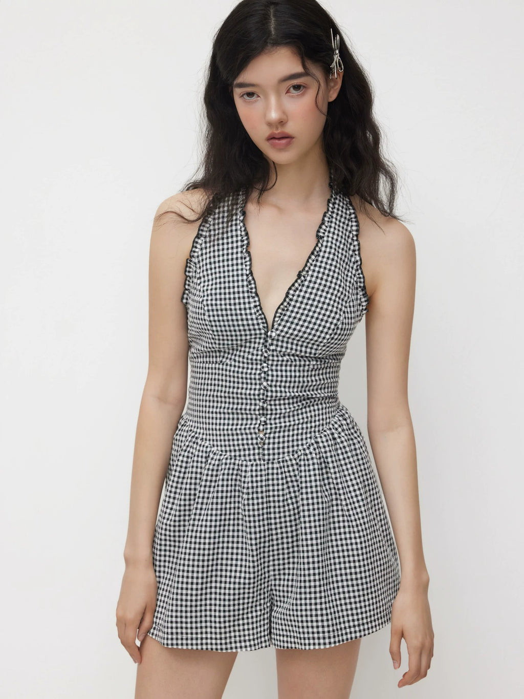 Plaid Halterneck Jumpsuit Shirring Lace-up Fungus Edge Backless Slim Bodysuit Shorts