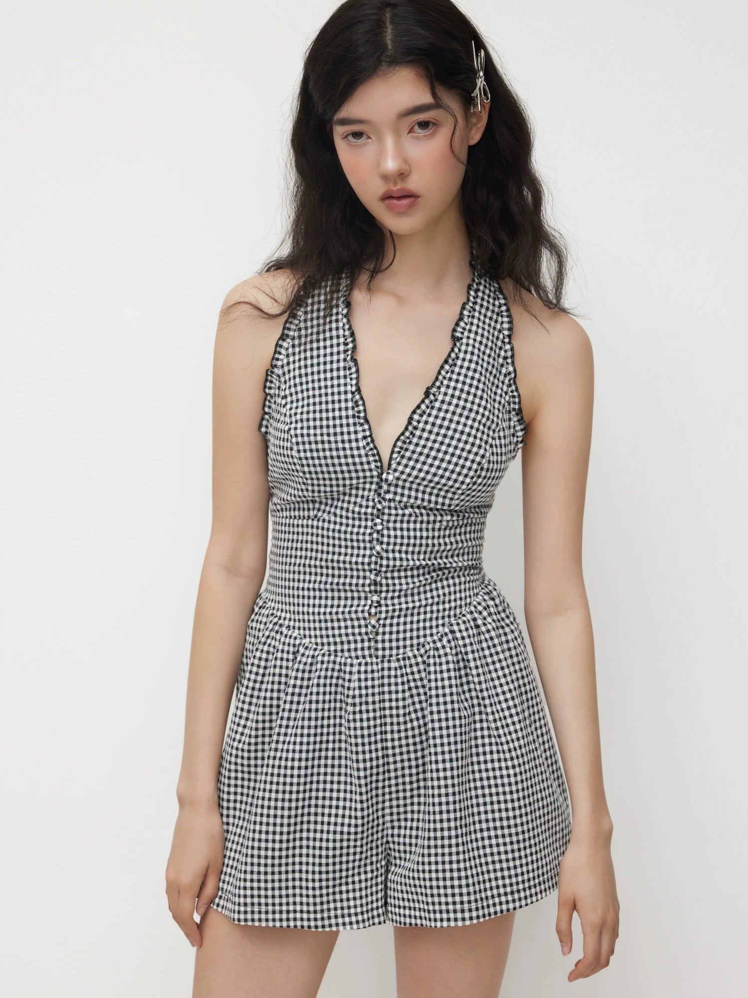 Plaid Halterneck Jumpsuit Shirring Lace-up Fungus Edge Backless Slim Bodysuit Shorts