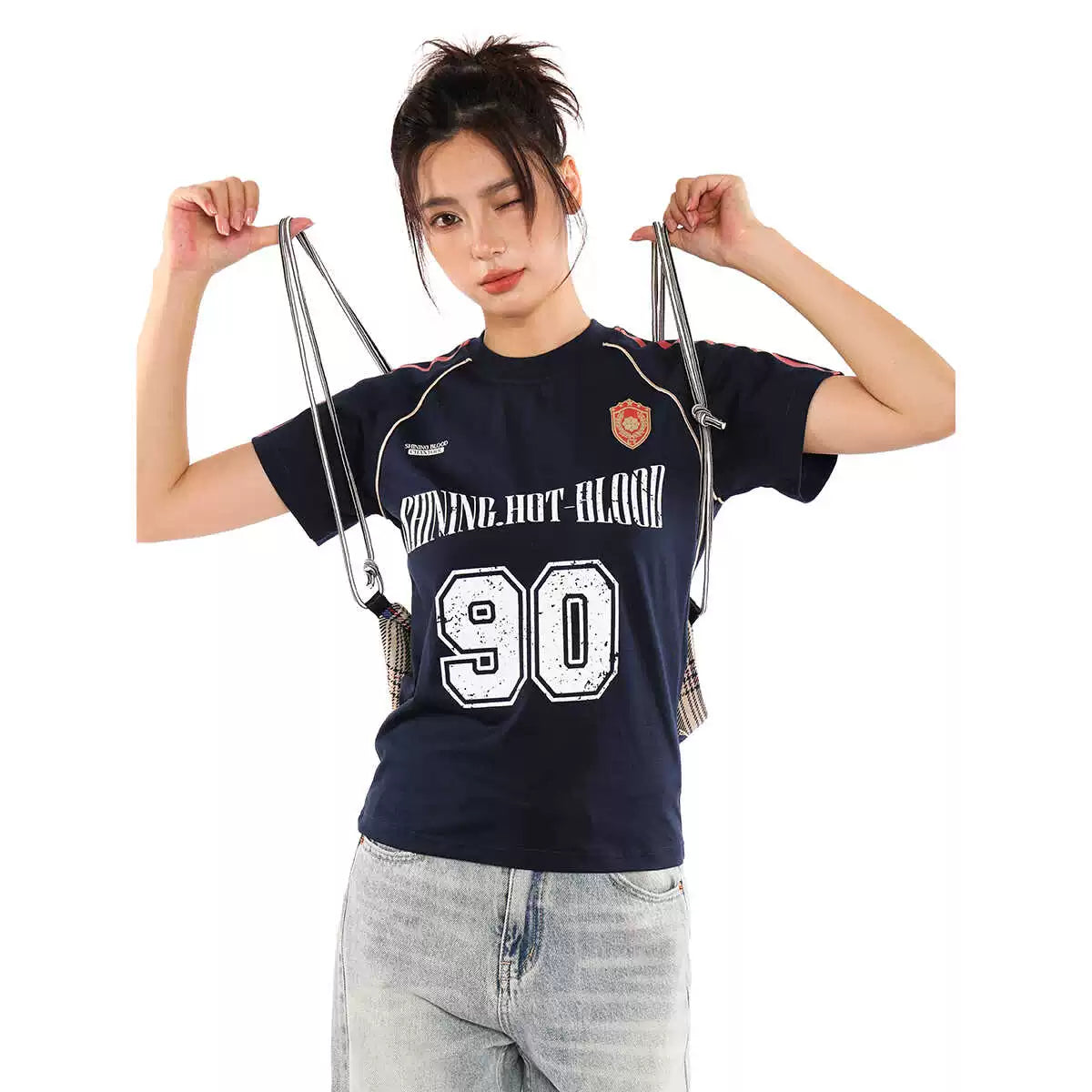 vintage blokette striped sports short sleeve jersey t-shirt women's summer american babes top tide