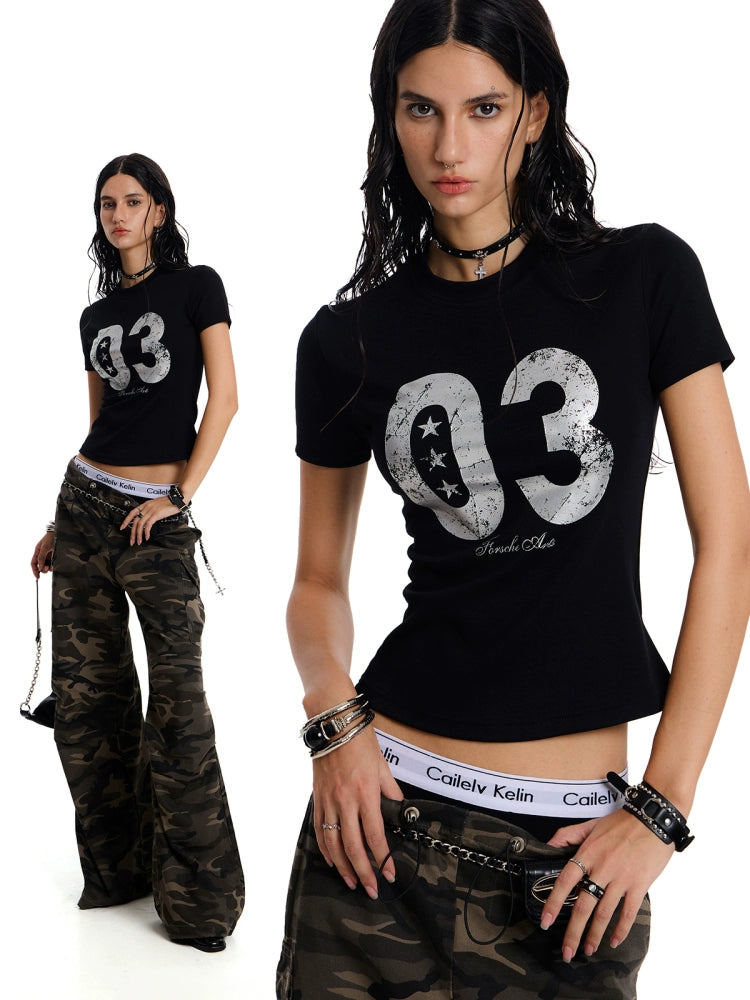 distressed crack letter shoulder t-shirt women's american retro slim fit babes short sleeve top summer