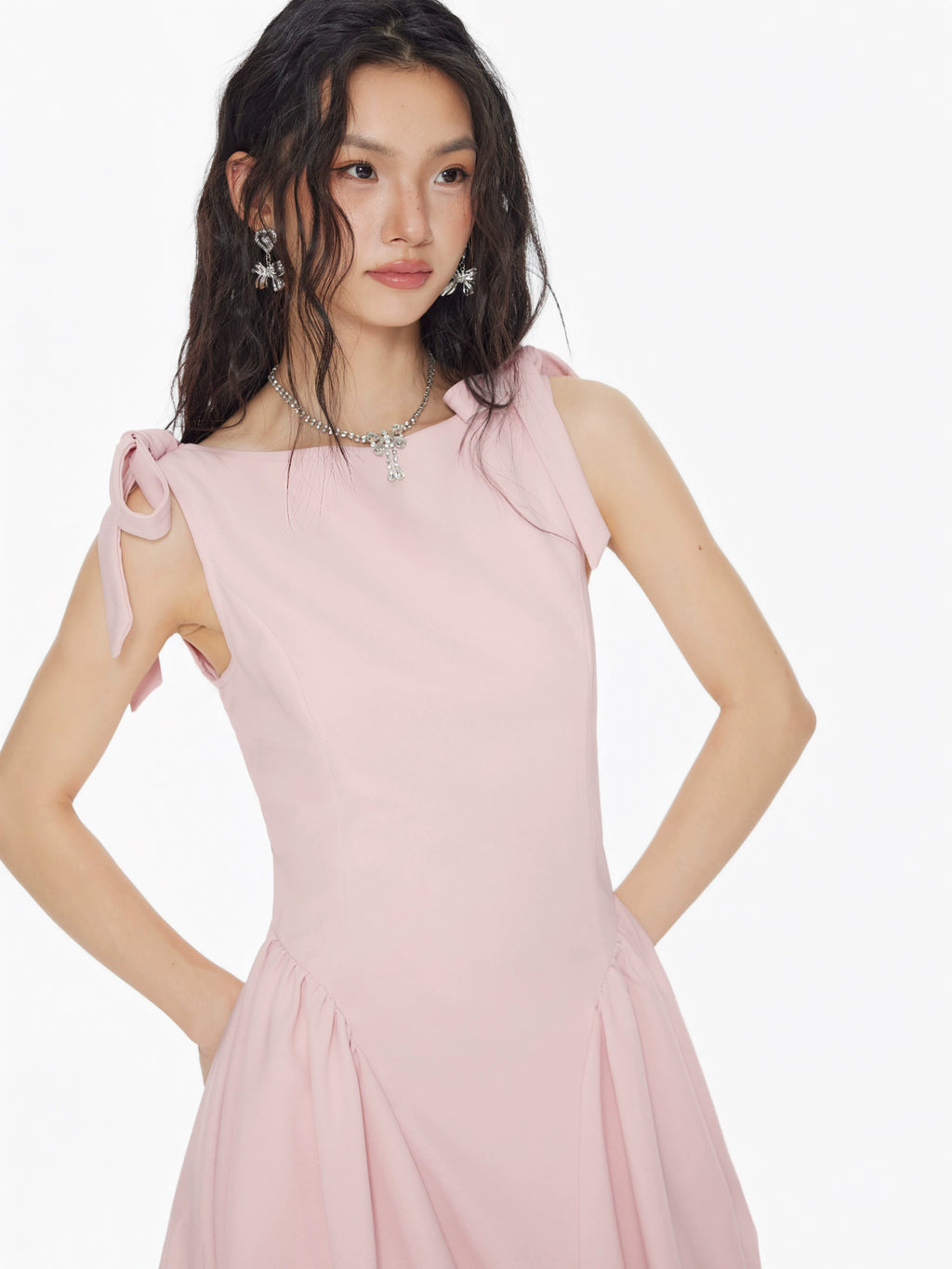 Star same genuine boat neck tie-up bow sleeveless girly dress