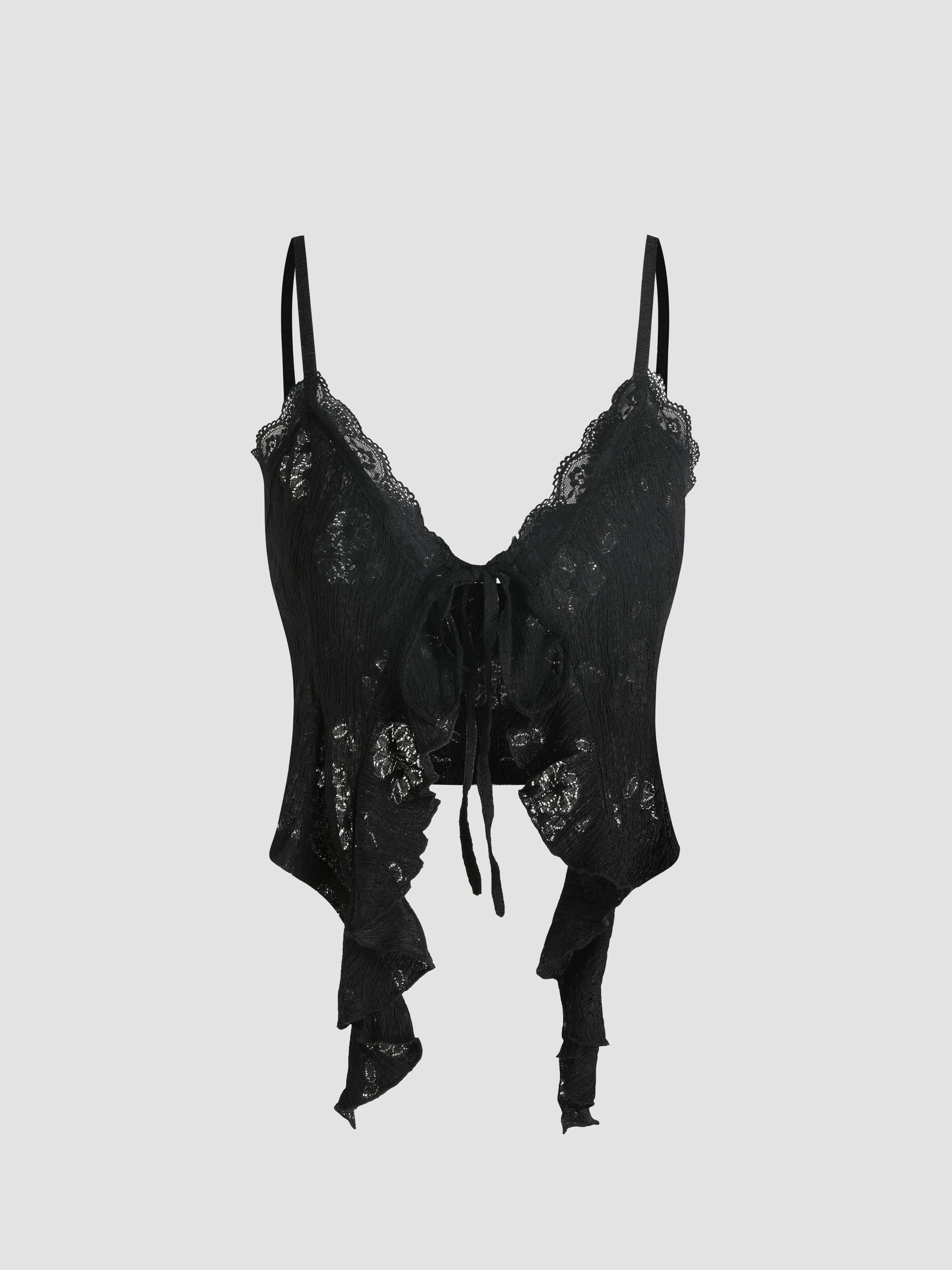 lace-up ruffled short knitted top