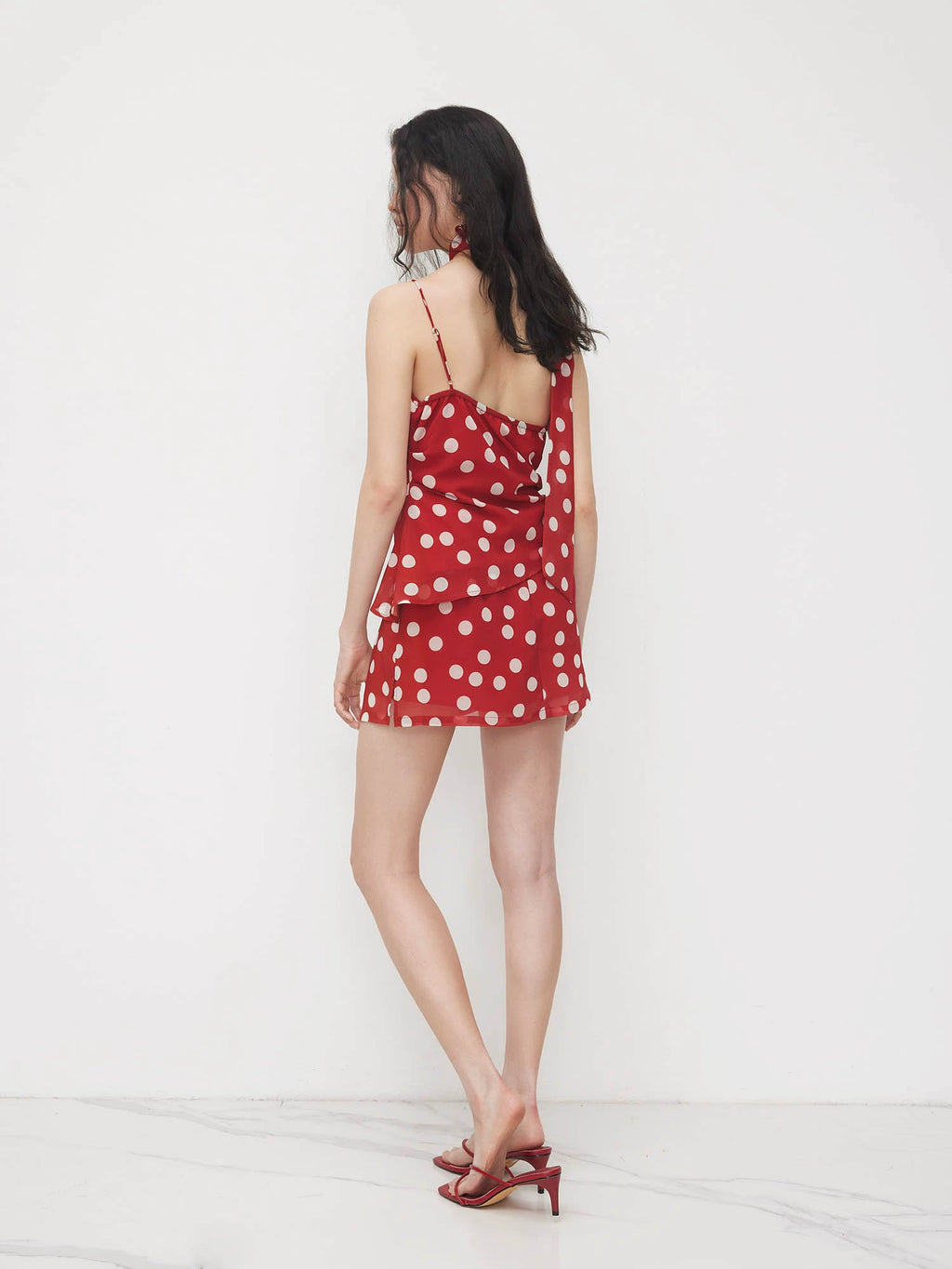 swing collar pleated polka dot ribbon design Suspender top short skirt suit