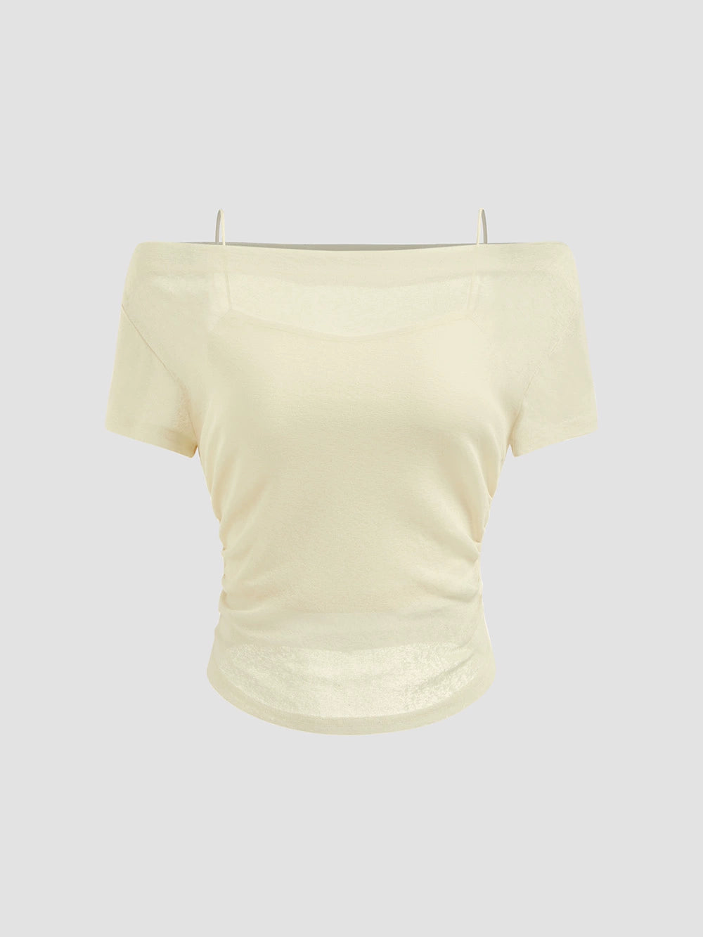 Shoulder Pleated Short-sleeved T-shirt Solid Color Slim-fit Sling Short One-line Collar Short-sleeved Top