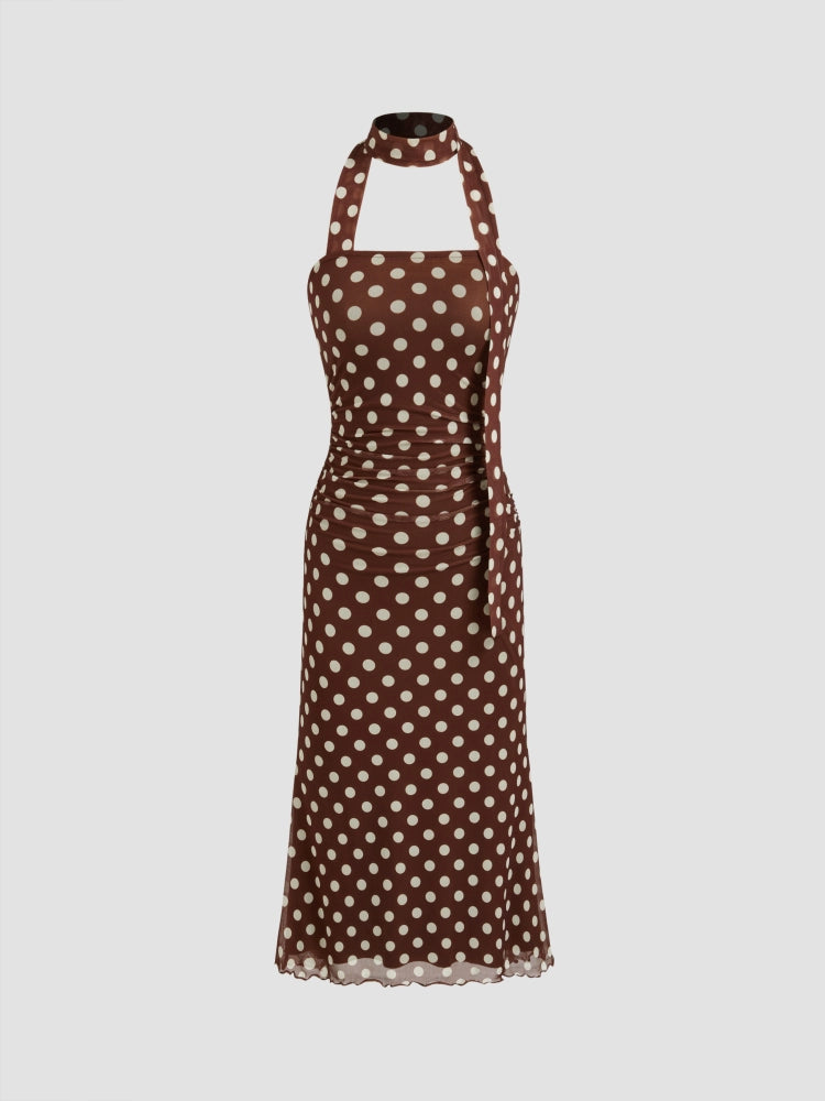 Mesh halterneck suspender asymmetrical design polka dot pleated midi length sleeveless dress