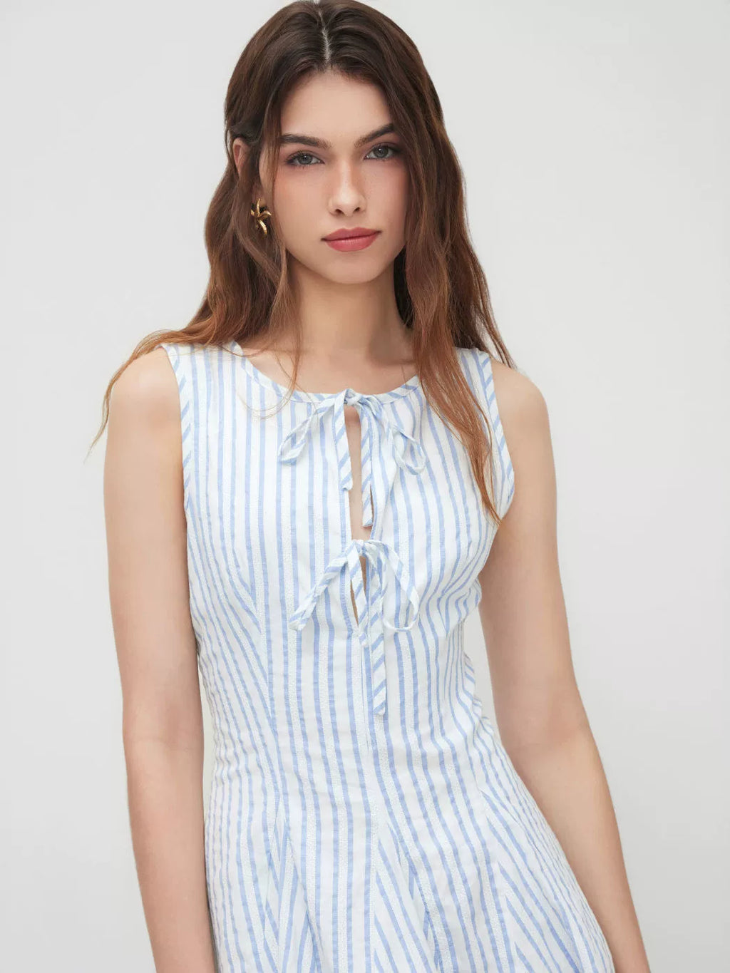 Cotton-Blend Striped Lace-Up Front Pleated Mini Dress