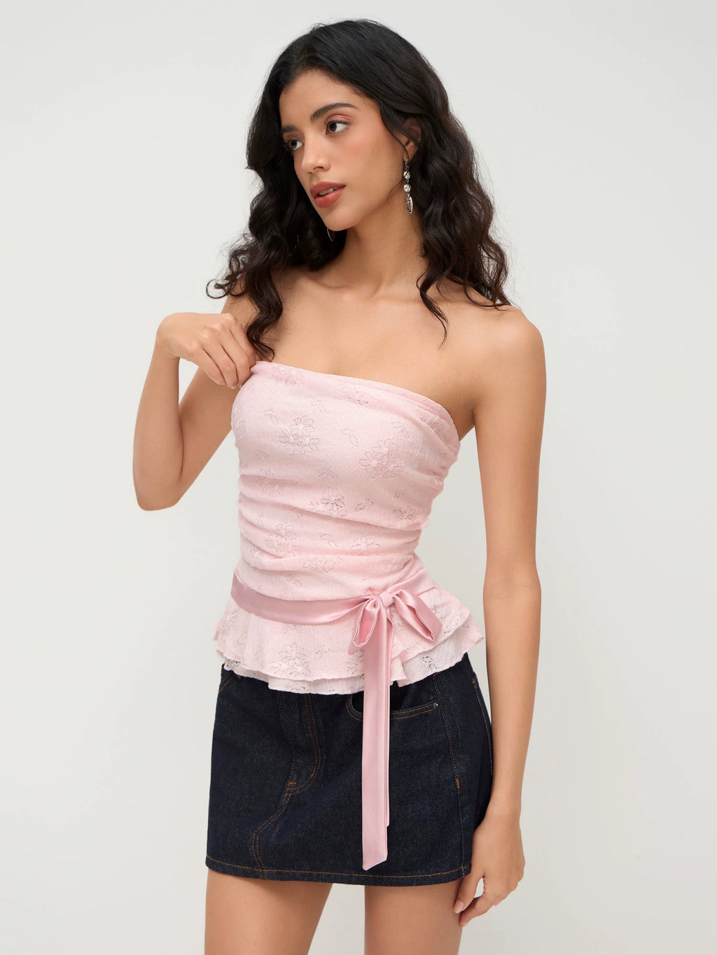 lace ruffled bow drawstring tube top