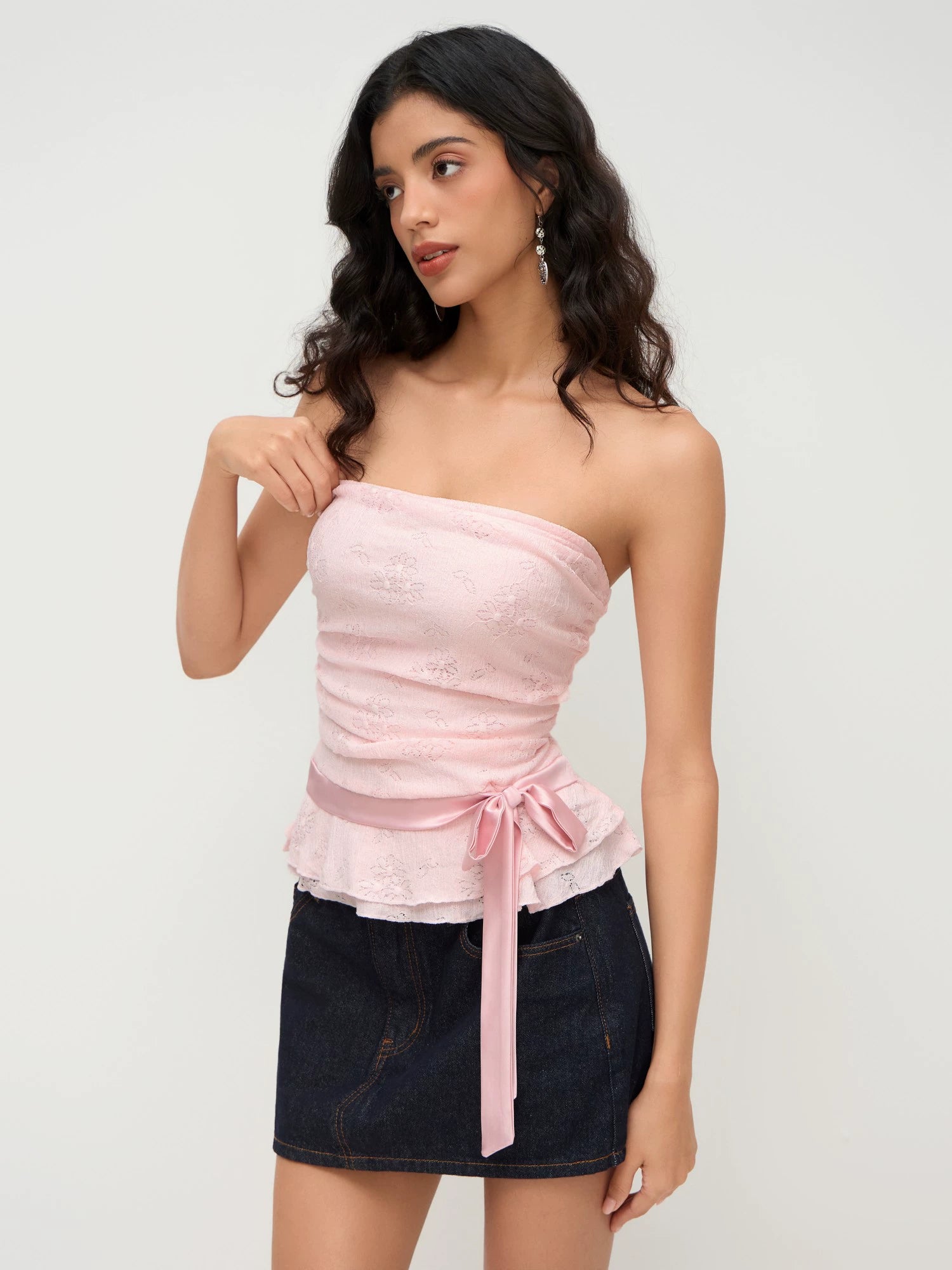 lace ruffled bow drawstring tube top