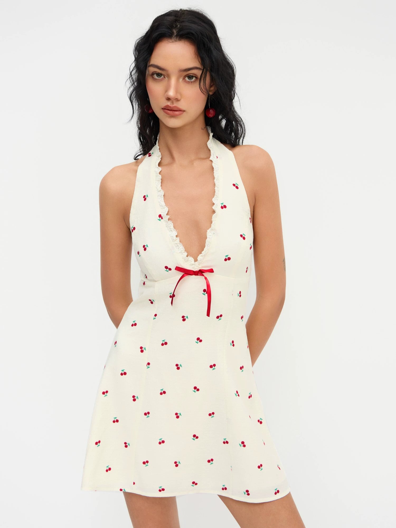 Halterneck Cherry Ruffle Bow Mini Dress