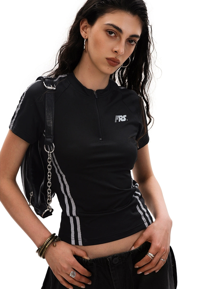 Half-Zip Print Sports Quick Dry Short Sleeve T-Shirt Women's Slim Fit American Retro Cycling Jersey Top