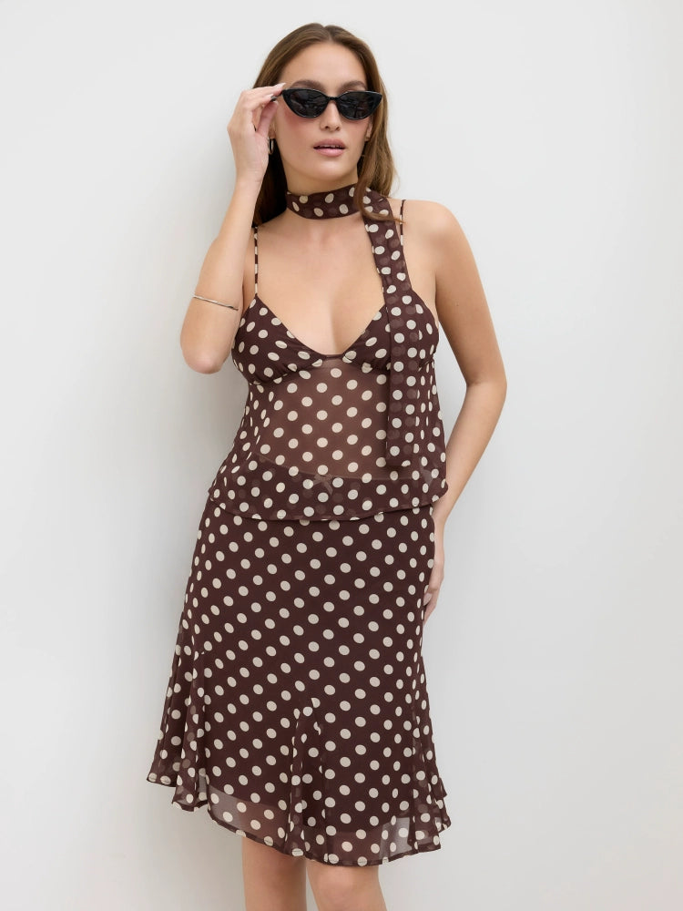 Brown American Vintage Polka Dot Short Chiffon Backless Suspender Top with Lace-up Silk Scarf