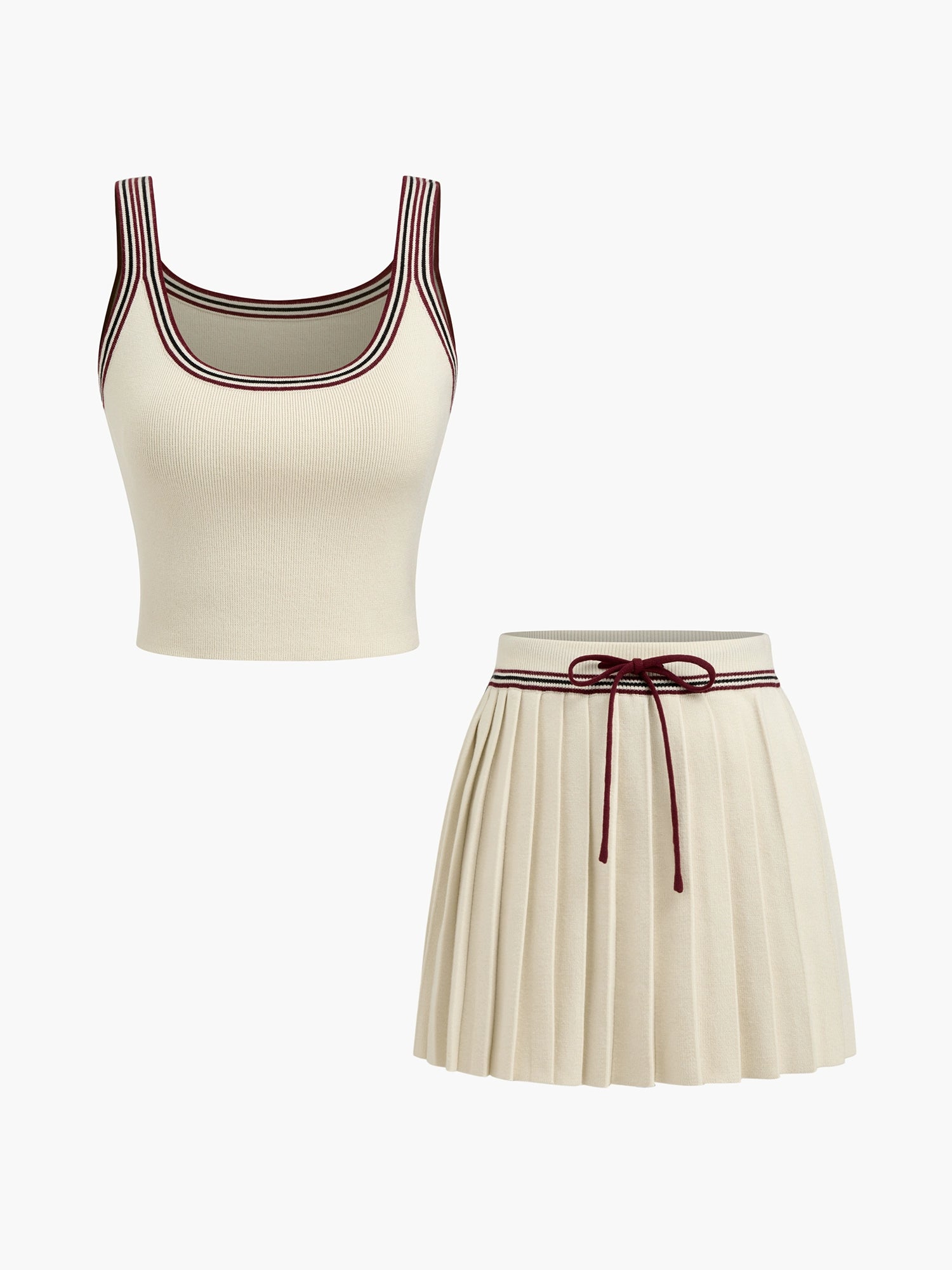 Knitted U-Neck Striped Vest with Mid-Rise Pleated Mini Skirt Set