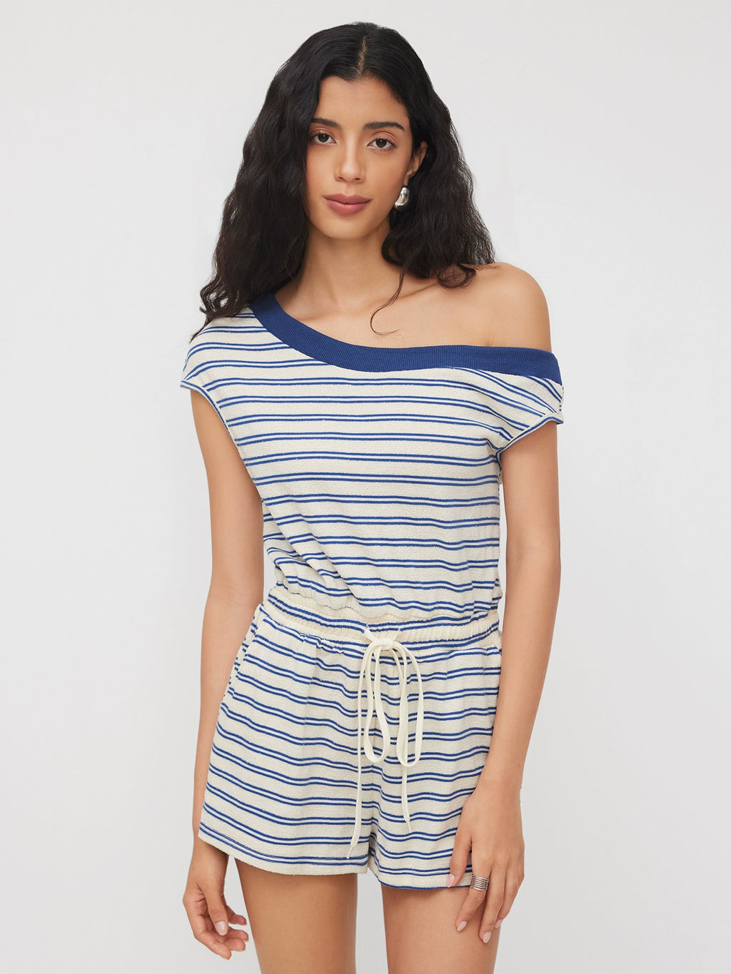 Contrast Drawstring Cotton-Blend Asymmetrical Collar Striped Jumpsuit