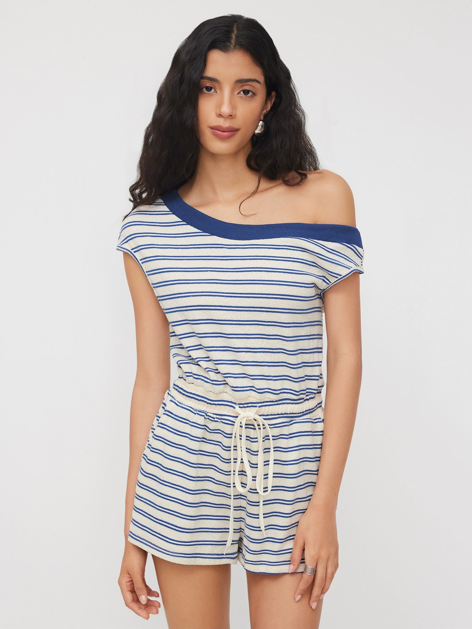 Contrast Drawstring Cotton-Blend Asymmetrical Collar Striped Jumpsuit