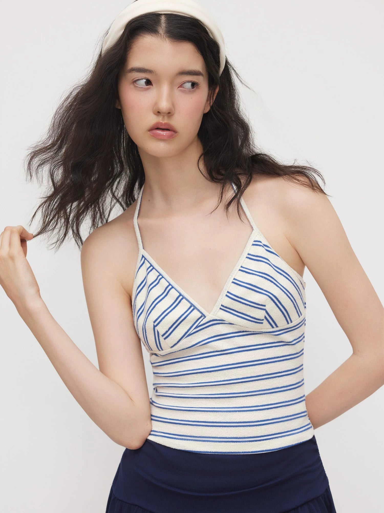 Cotton-Blend Halterneck Cropped Striped Suspender Top