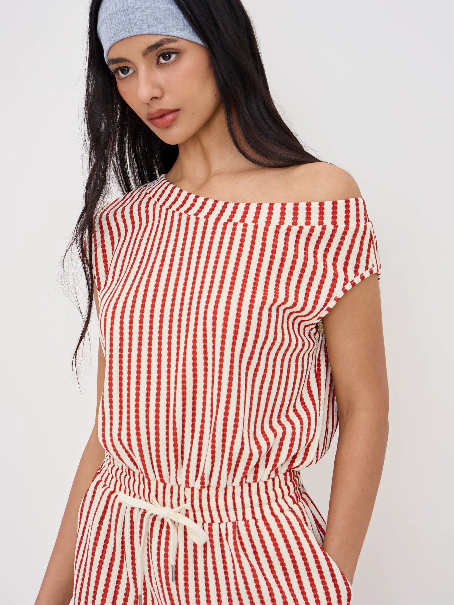 Asymmetrical Neckline Design Striped Lace-up One Piece Shorts