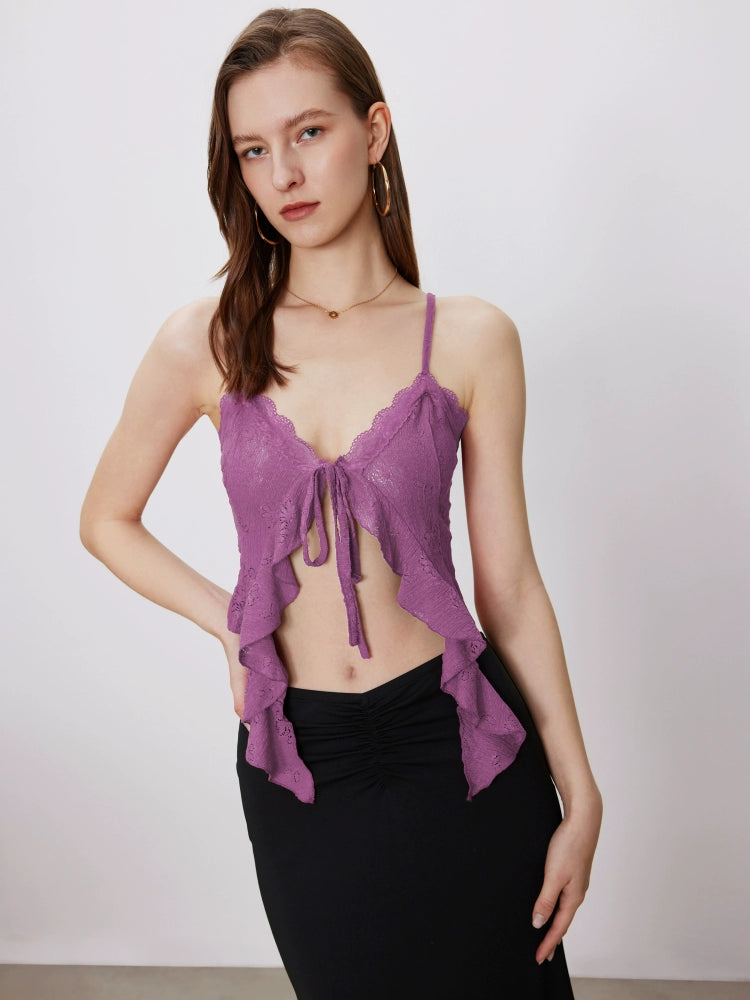 lace-up ruffled short knitted top