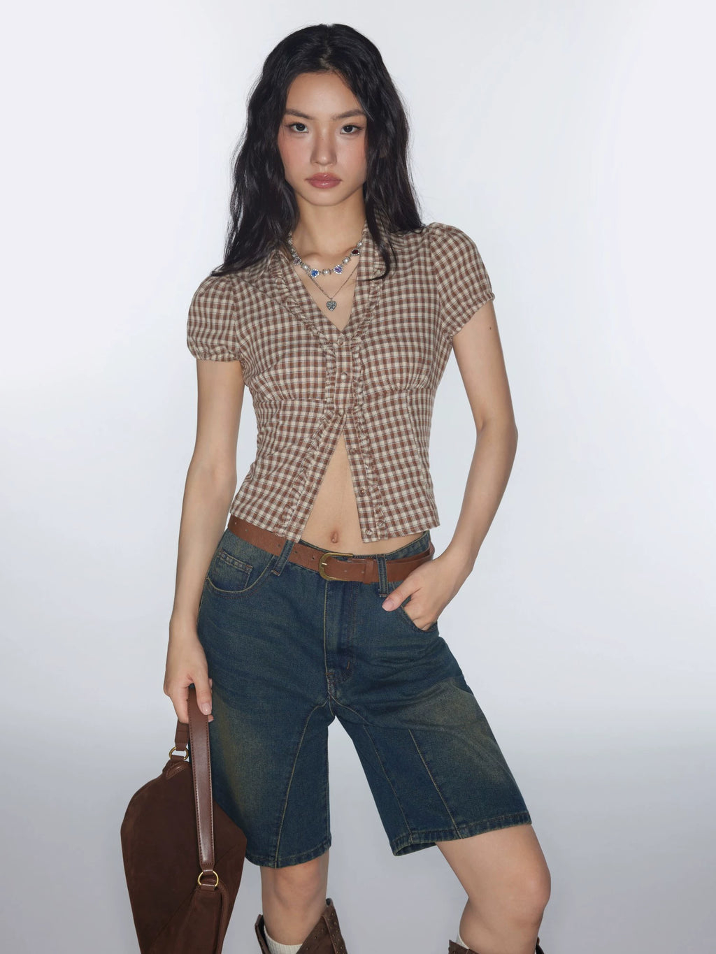 Star same genuine cotton V-neck retro plaid pinched waist small waist shirt top