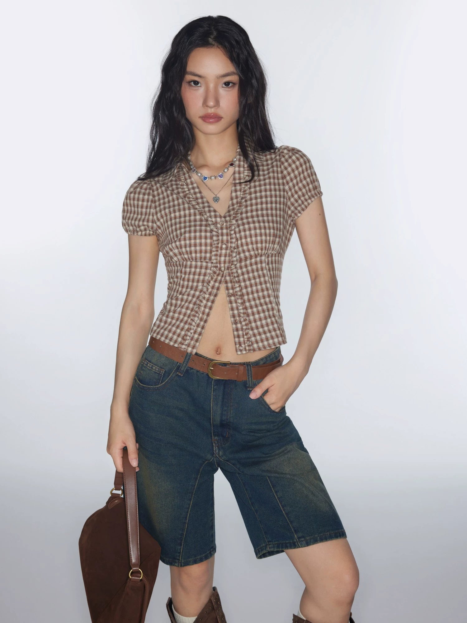 Star same genuine cotton V-neck retro plaid pinched waist small waist shirt top