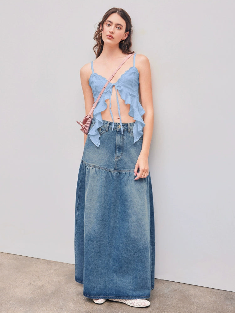 lace-up ruffled short knitted top