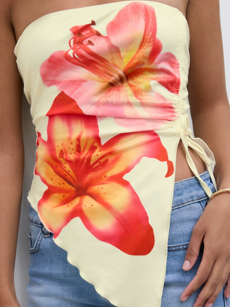 Star genuine goods Floral Printed Drawstring Asymmetric Vacation Top