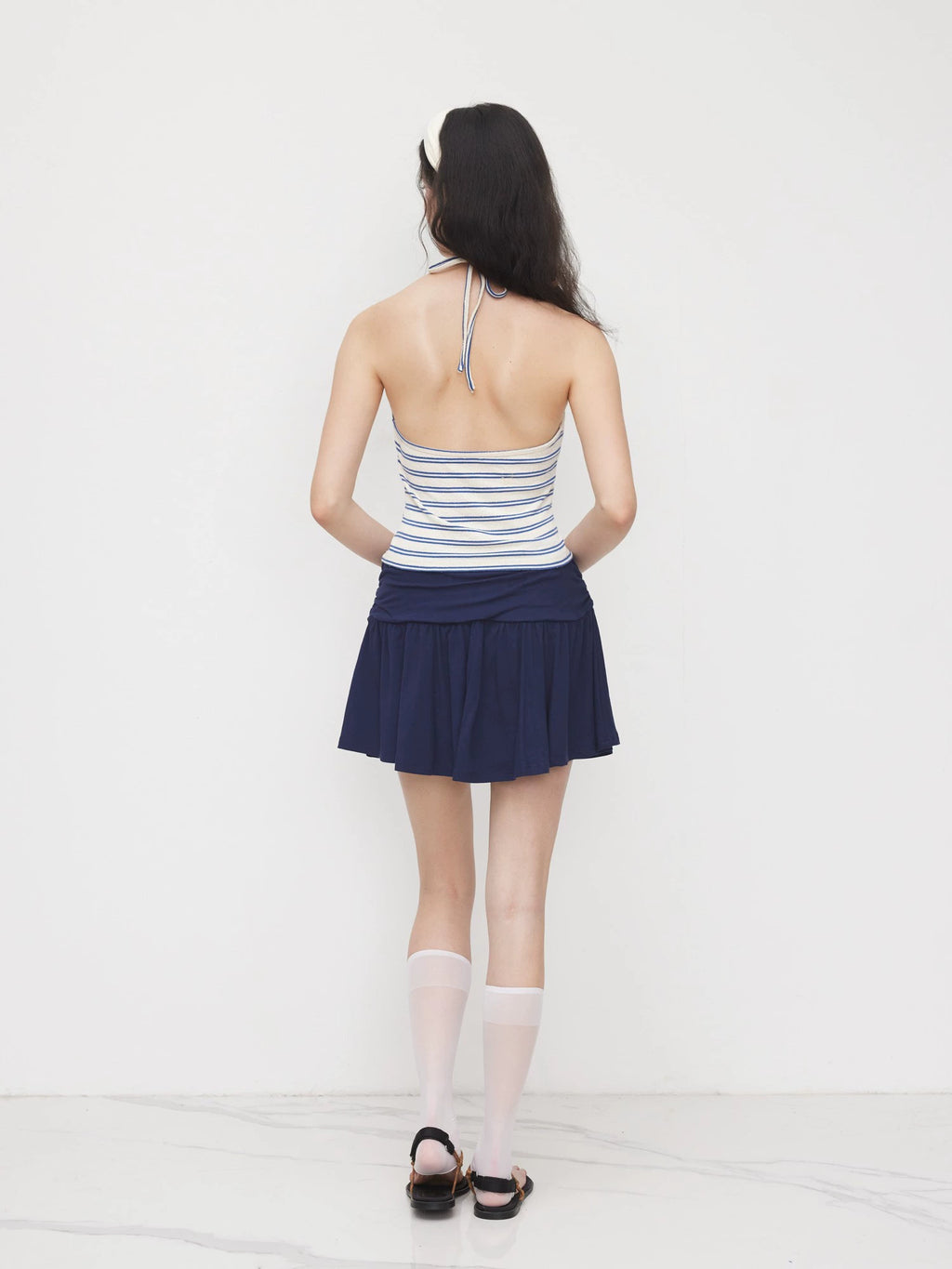 Cotton-Blend Halterneck Cropped Striped Suspender Top