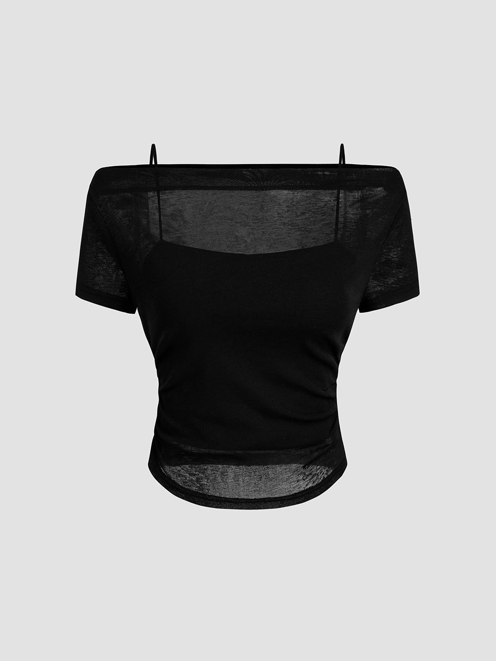 Shoulder Pleated Short-sleeved T-shirt Solid Color Slim-fit Sling Short One-line Collar Short-sleeved Top