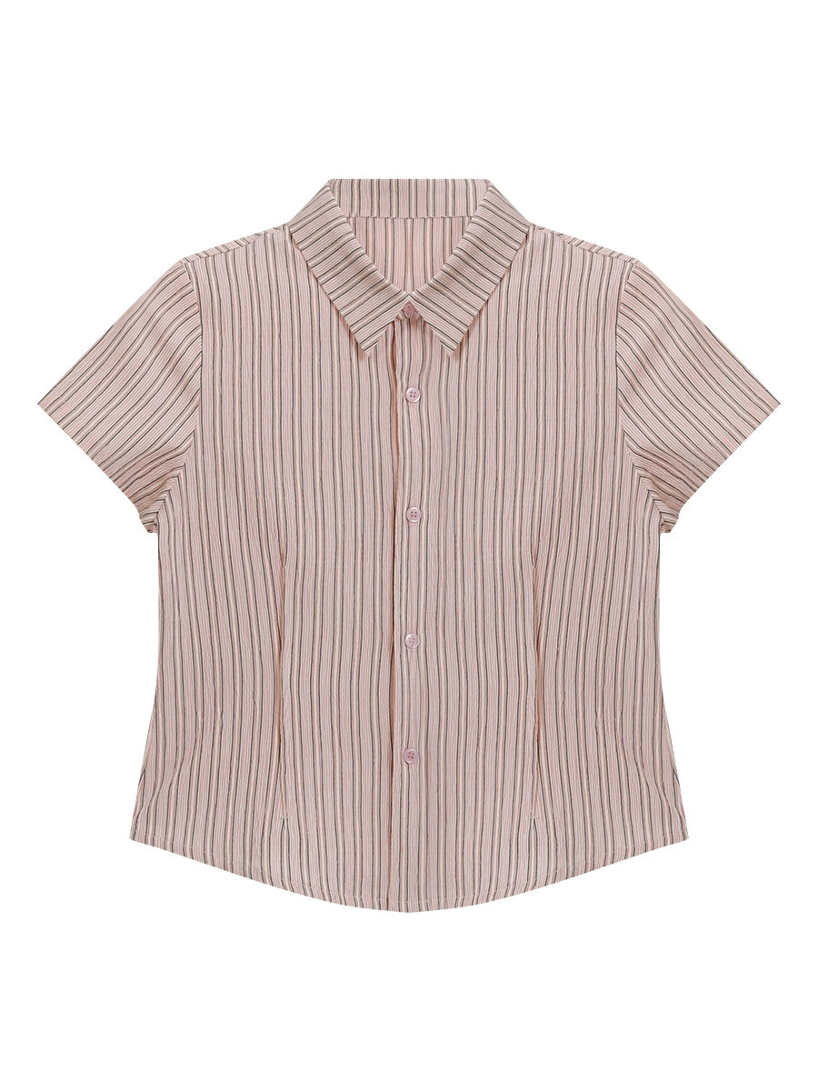 Retro Chic 90S y2k Babes Slim Waist Straight Shoulder Lotus Pink Contrast Striped Short Sleeve Shirt