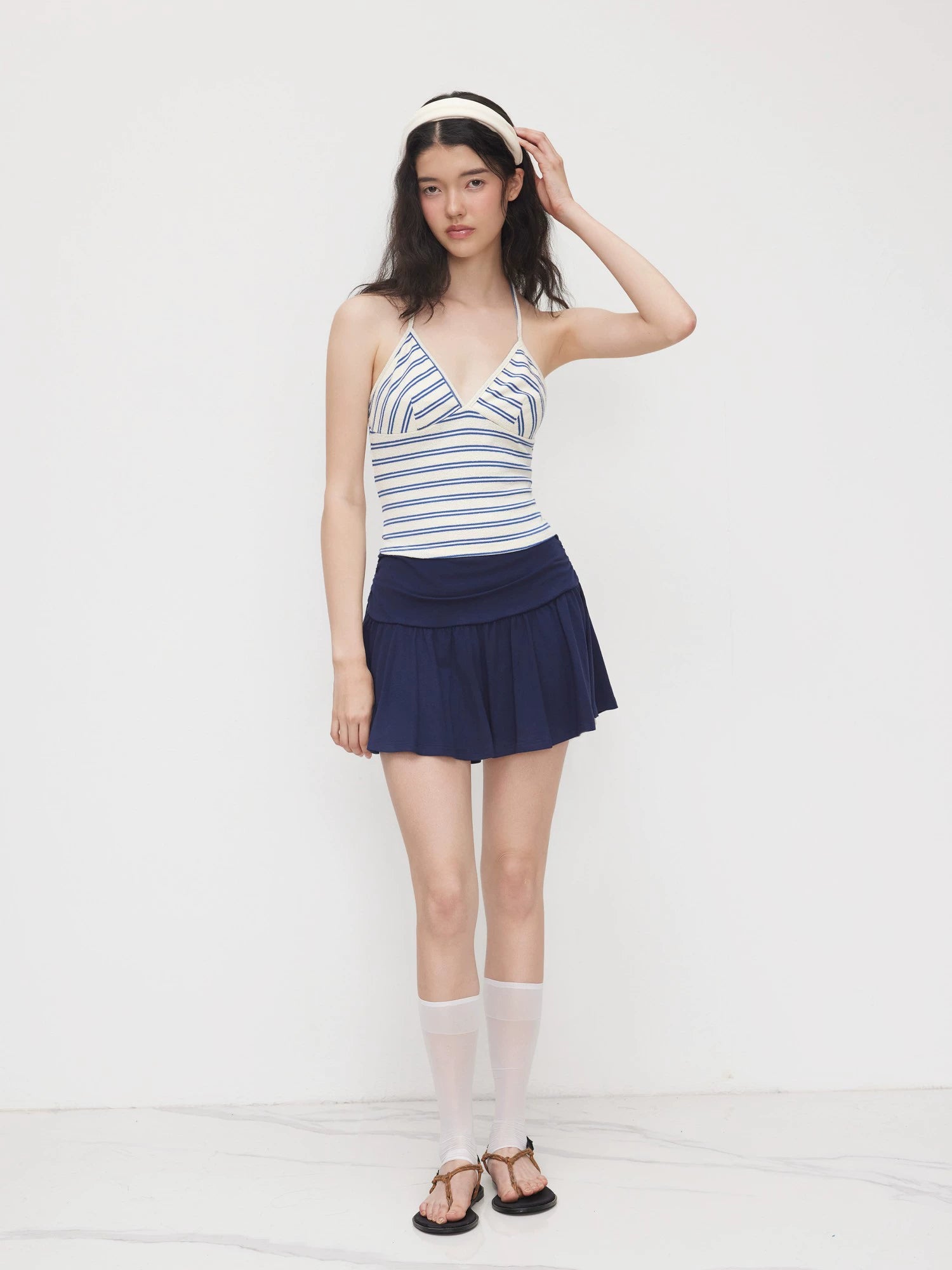 Cotton-Blend Halterneck Cropped Striped Suspender Top