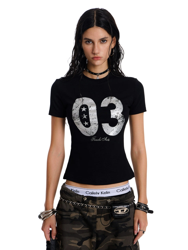 distressed crack letter shoulder t-shirt women's american retro slim fit babes short sleeve top summer