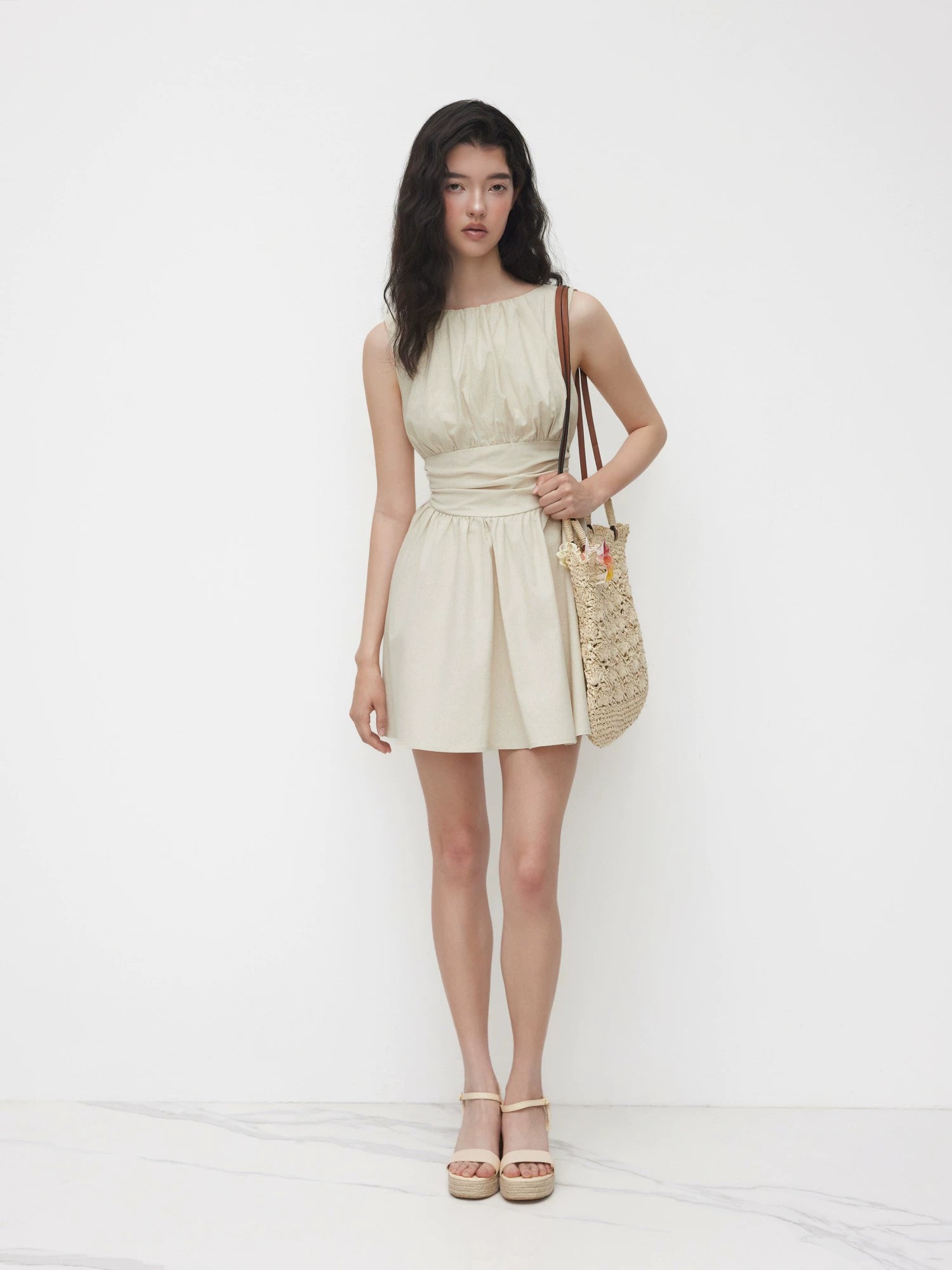 Linen-blend boat neck pleated ruffled dress short
