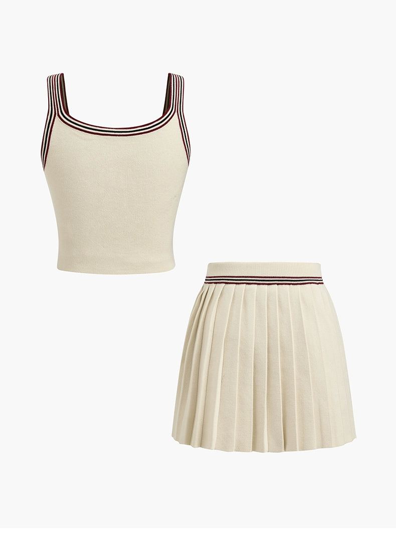 Knitted U-Neck Striped Vest with Mid-Rise Pleated Mini Skirt Set