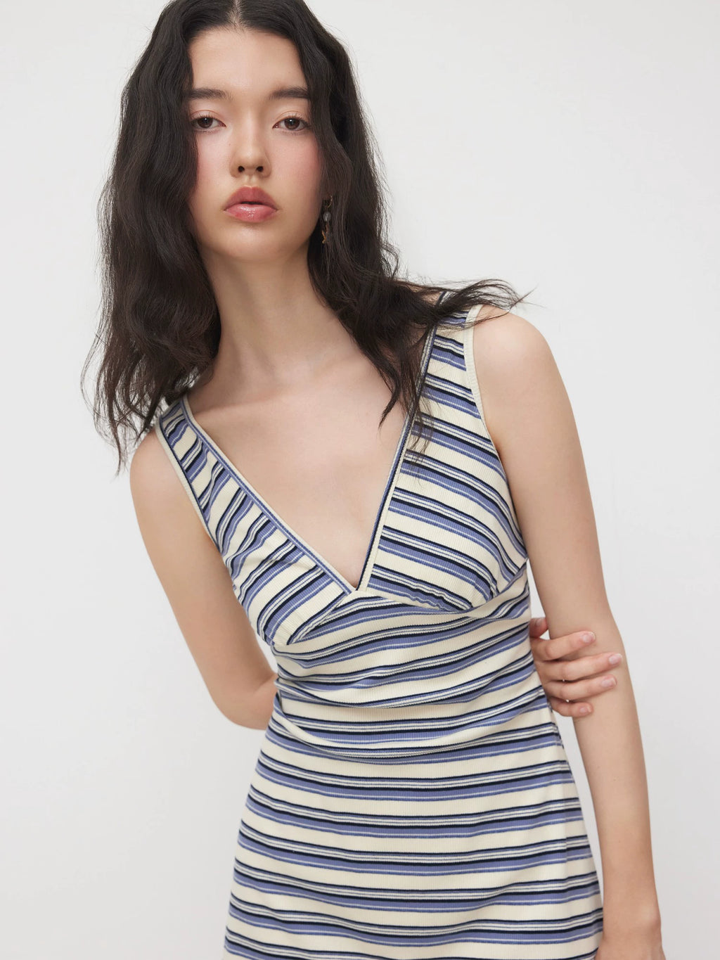 Cotton-Blend V-Neck Striped Cropped Slip Dress