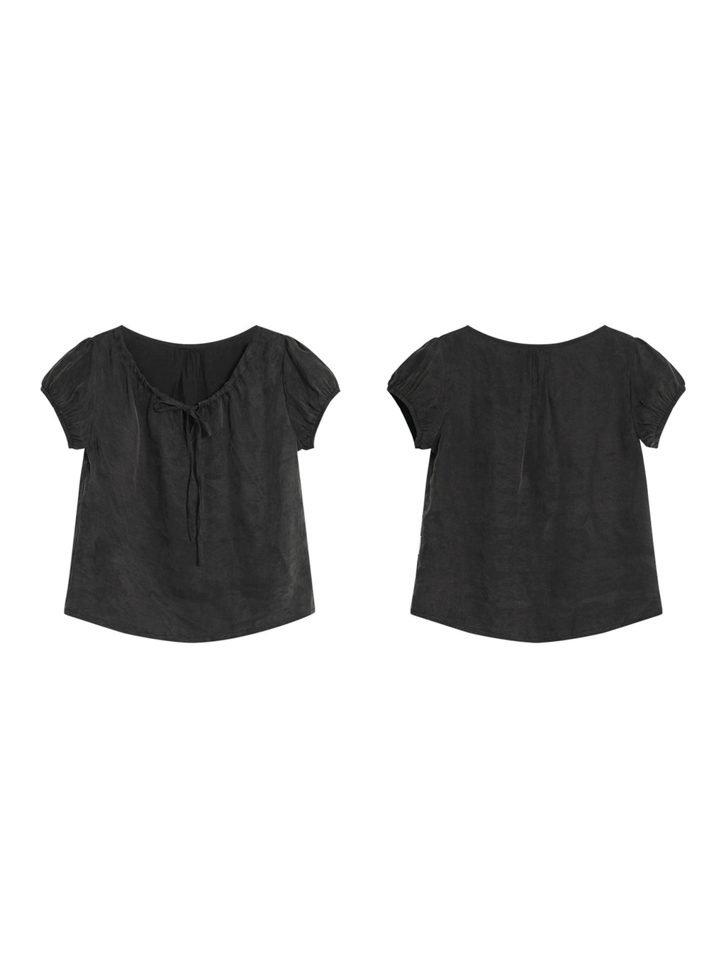 Drawstring Neckline Design Elastic Puff Sleeve Smooth Fabric Short Sleeve T-Shirt