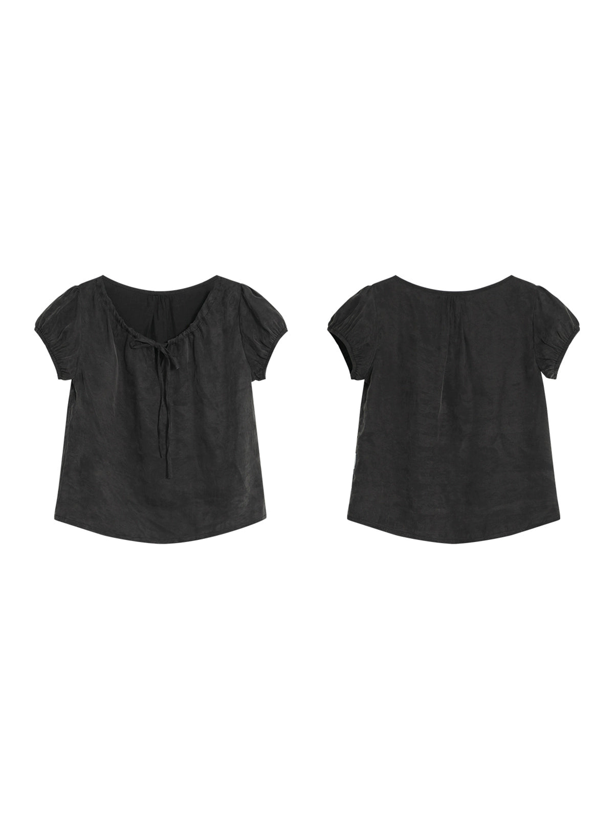 Drawstring Neckline Design Elastic Puff Sleeve Smooth Fabric Short Sleeve T-Shirt
