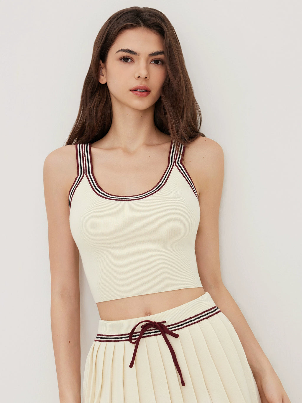 Knitted U-Neck Striped Vest with Mid-Rise Pleated Mini Skirt Set