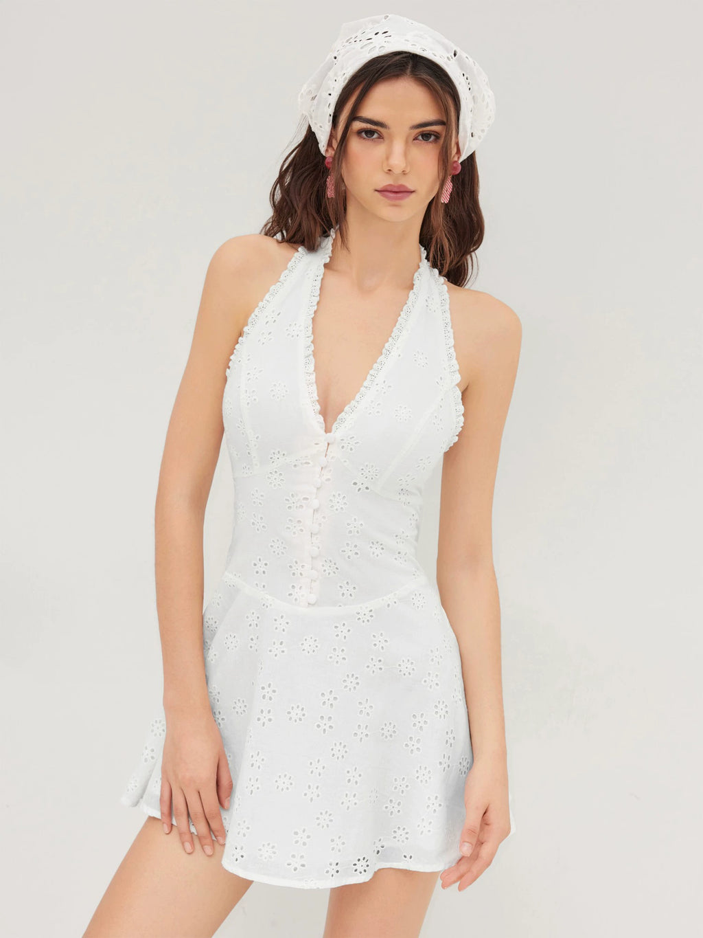 Cotton V LinkedIn Embroidered Short Sleeveless Halterneck Dress