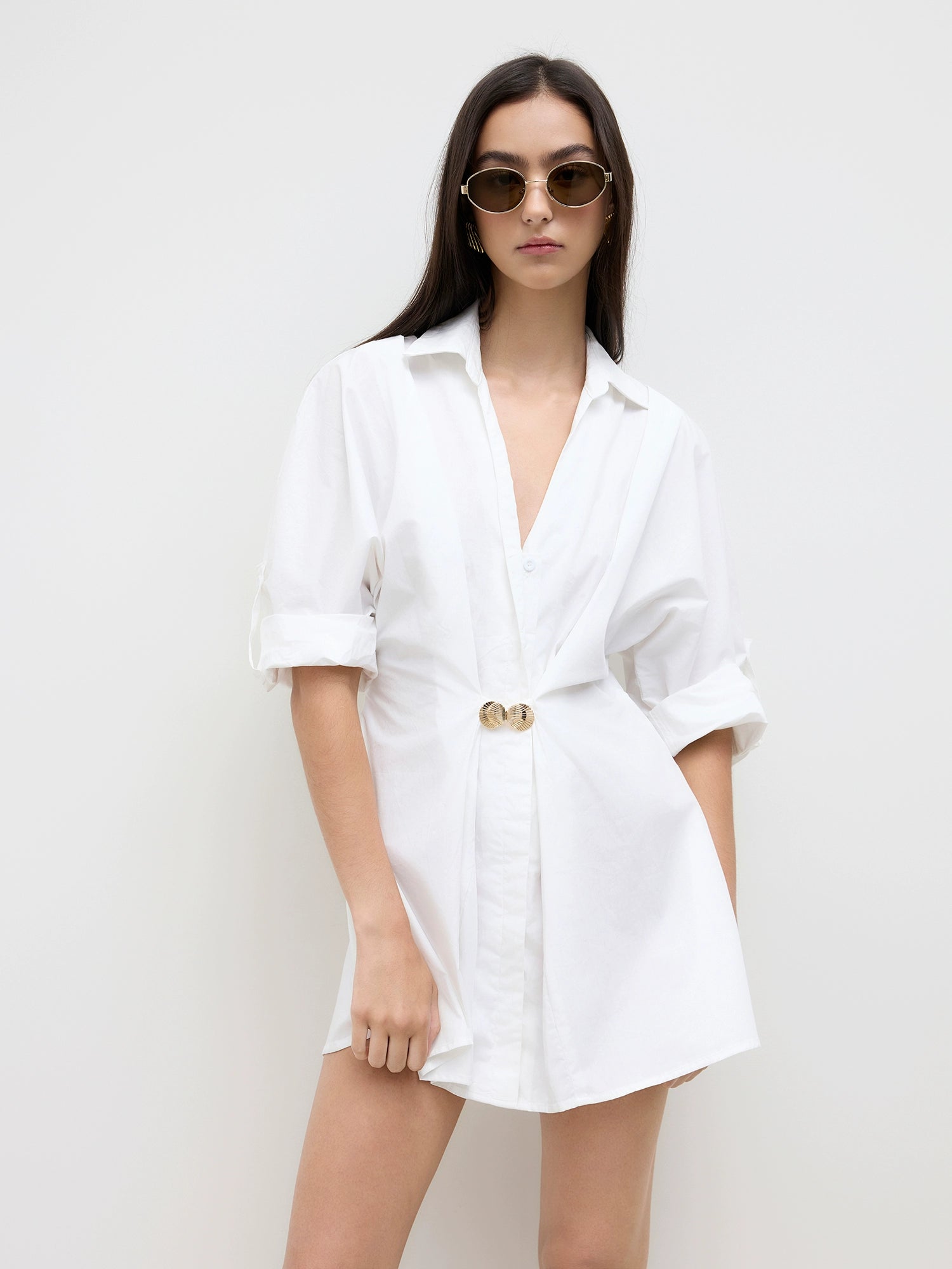 Metallic-Embellished Cotton V-Neck Shirt Dress