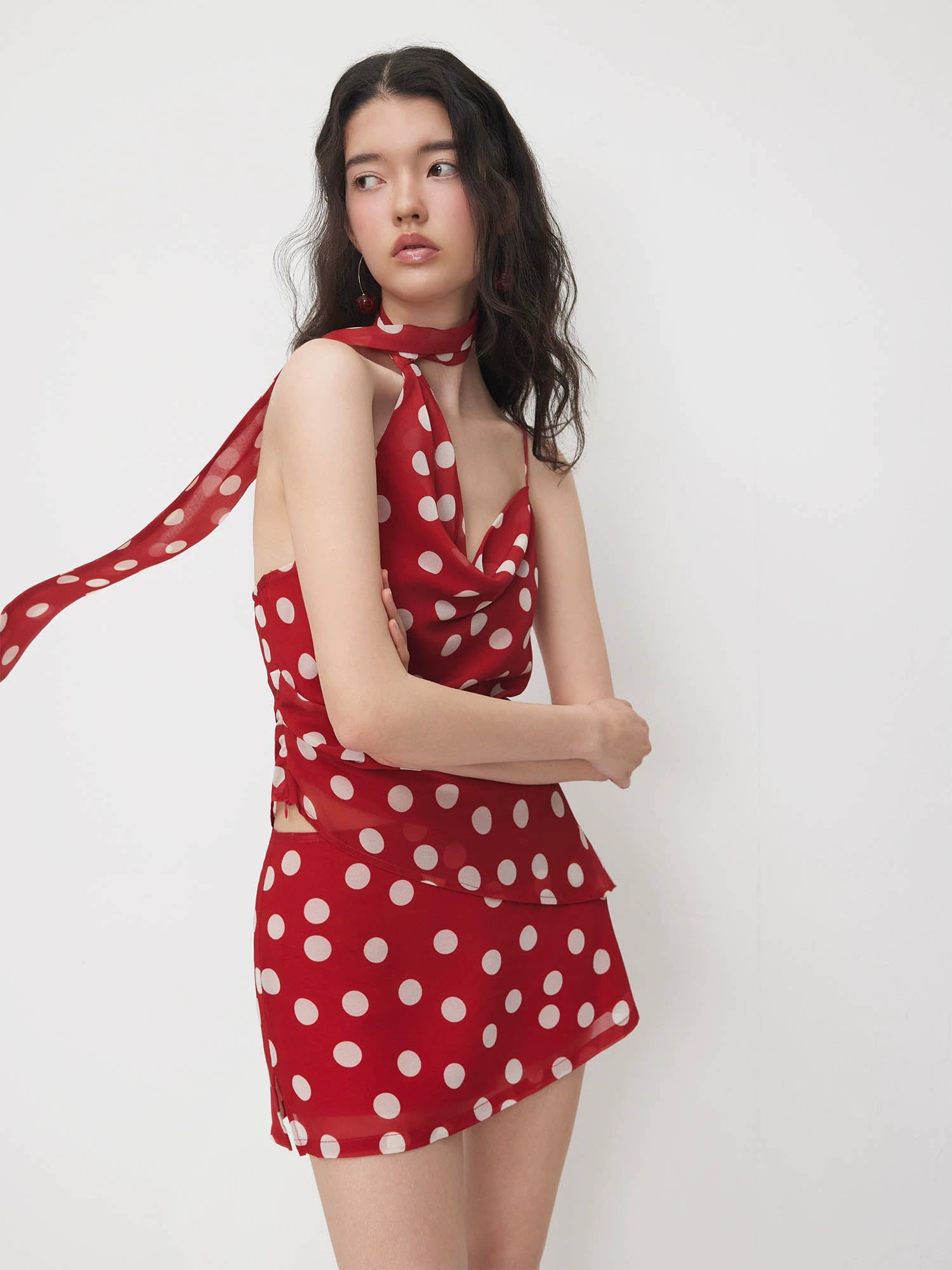 swing collar pleated polka dot ribbon design Suspender top short skirt suit