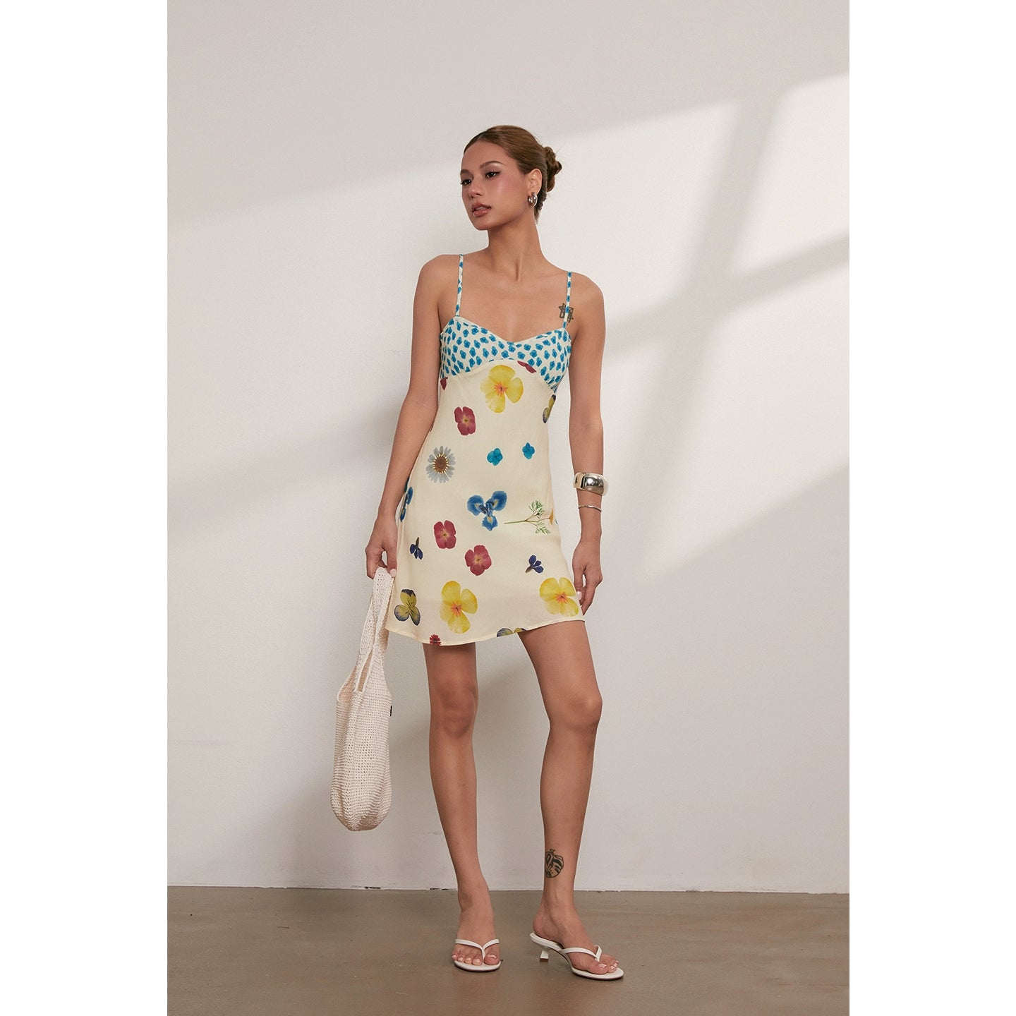 Niche seaside resort style drape colorful print floral slip dress bias dress women's summer