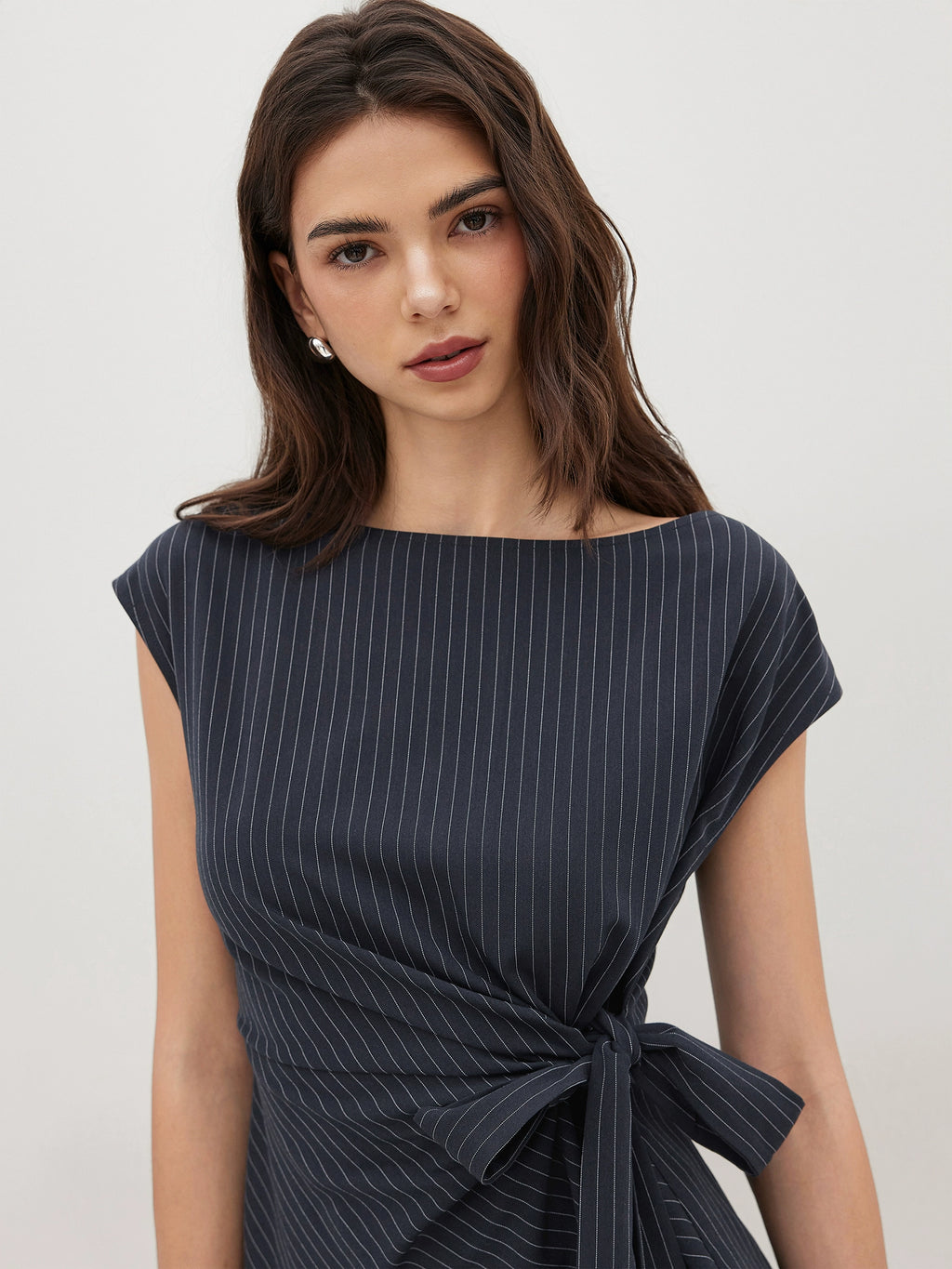 boat-neck striped lace-up loose top