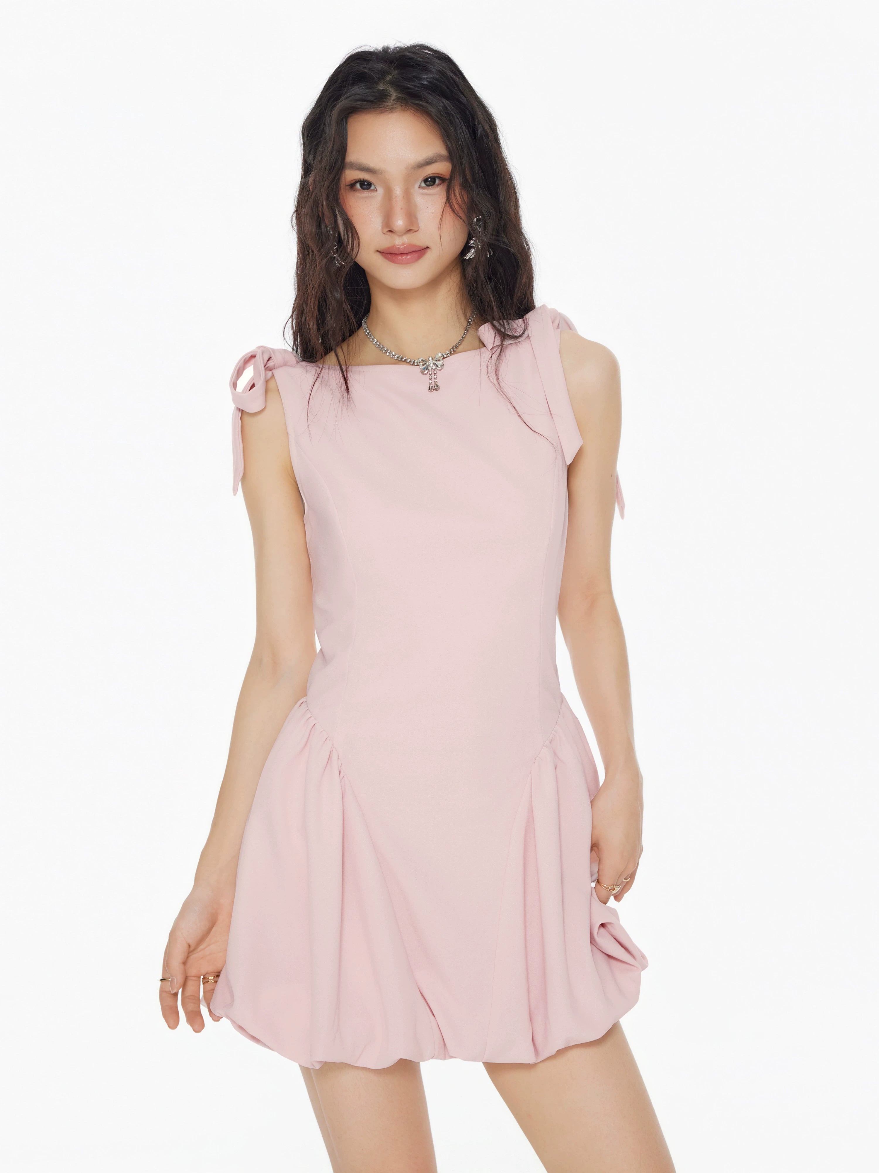 Star same genuine boat neck tie-up bow sleeveless girly dress